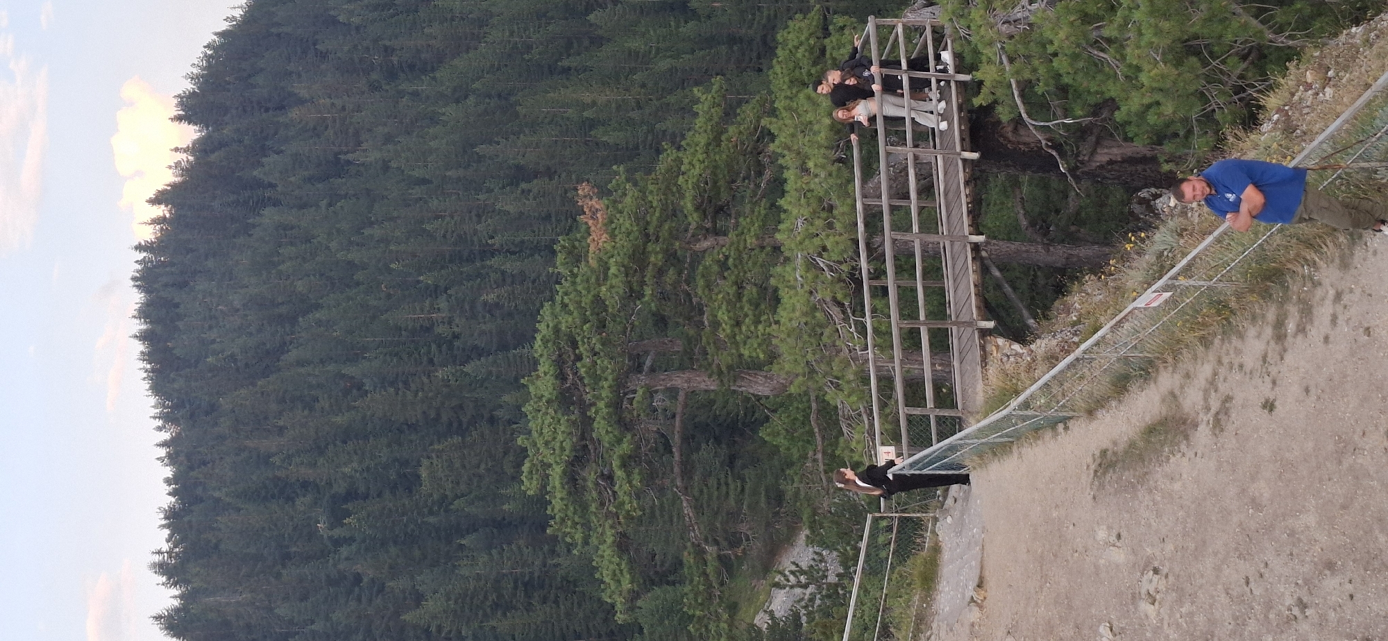 The image depicts an outdoor scene in the vicinity of Gyovren, Bulgaria. In the foreground, a dirt path runs along a metal fence, with a man in a blue polo shirt and khaki pants standing with his arms crossed, leaning against the fence. Beyond the path and fence, a wooden bridge extends over a wooded gorge. On the bridge, four young people are visible: two women and two men. One woman in the center is taking a selfie with her phone, while the others pose around her. The background is dominated by a dense forest of evergreen trees covering a hillside. The sky above is partly cloudy with a soft, diffused light, suggesting it might be late afternoon or early evening.