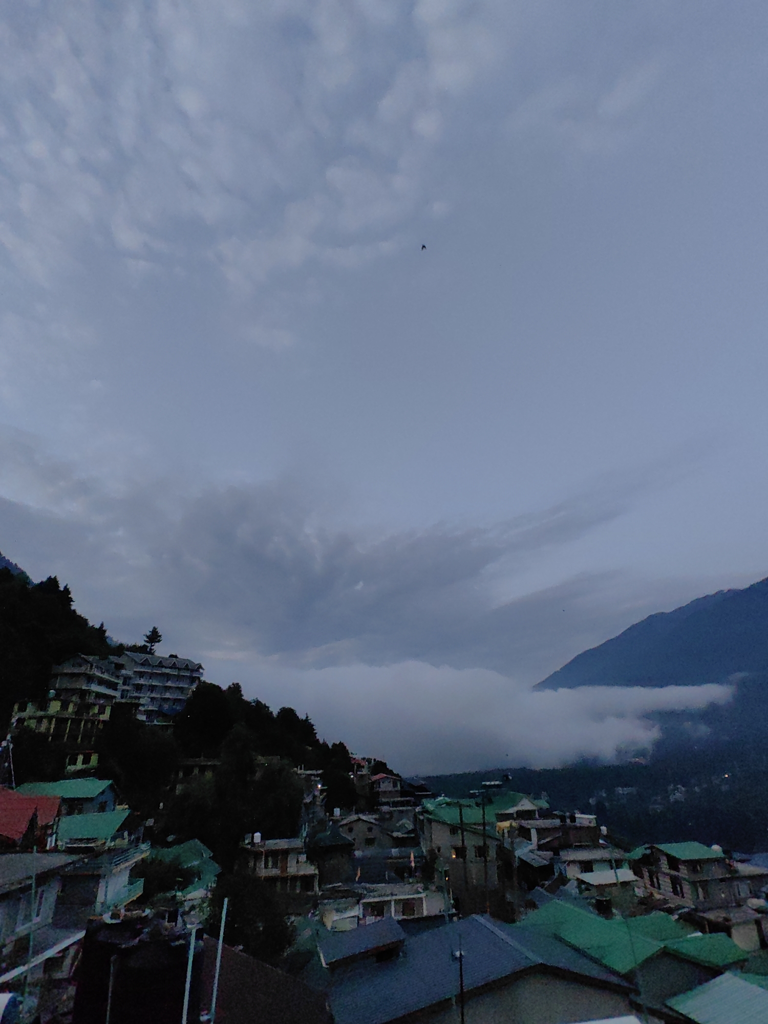 This is a photograph taken in Vashisht, India, depicting a hillside town under a cloudy sky. The scene is dominated by buildings with multi-colored roofs, predominantly green and red, clustered together on a steep incline. Trees are interspersed among the structures, and a larger mountain range is visible in the background, partially obscured by clouds and fog. The sky is a muted gray with scattered, textured clouds, suggesting either dawn, dusk, or overcast weather conditions. There is a noticeable lack of human activity or visible people in the frame. The overall impression is one of a quiet, mountainous settlement.