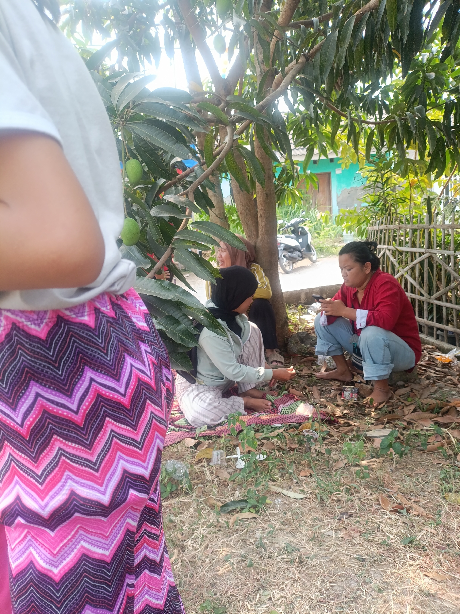 In Cariu, Indonesia, three individuals are gathered outdoors beneath the shade of a mango tree. In the foreground, a person wearing a white shirt and a brightly colored zigzag skirt, predominantly pink and purple, is partially visible from the side, facing away from the camera. To their left and further into the scene, a person wearing a light green top and a hijab, also in a zigzag patterned skirt, is seated on a mat on the ground, appearing to interact with the person next to them. This second individual is wearing a yellow headscarf and is seated behind the person in green. To the right, another person, a woman with her hair tied back, is seated on the ground wearing a red long-sleeved shirt and blue jeans, engrossed in their mobile phone. The ground is covered with dry leaves and sparse vegetation, and a simple bamboo fence runs along the right side of the frame. In the background, a scooter is parked, and a teal-colored house with a wooden door is visible. The overall atmosphere suggests a casual gathering or rest break in a rural or semi-rural setting.