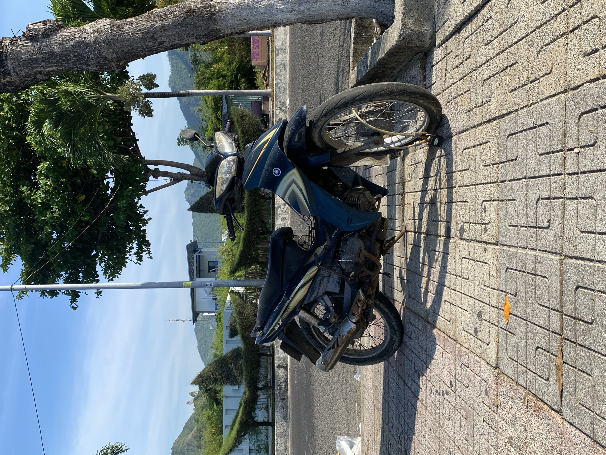 A Yamaha motorcycle is parked on a sidewalk next to a road in Bac Nha Trang Ward, Vietnam. The motorcycle is dark blue with gold accents and appears to be parked in front of a curb. A tree trunk is visible to the right of the motorcycle. In the background, there is a road, a sidewalk, a wall, and lush green vegetation including trees and hills. The sky is blue with some clouds. The sidewalk is made of patterned concrete pavers. There are some fallen leaves on the sidewalk. The scene is bathed in daylight.
