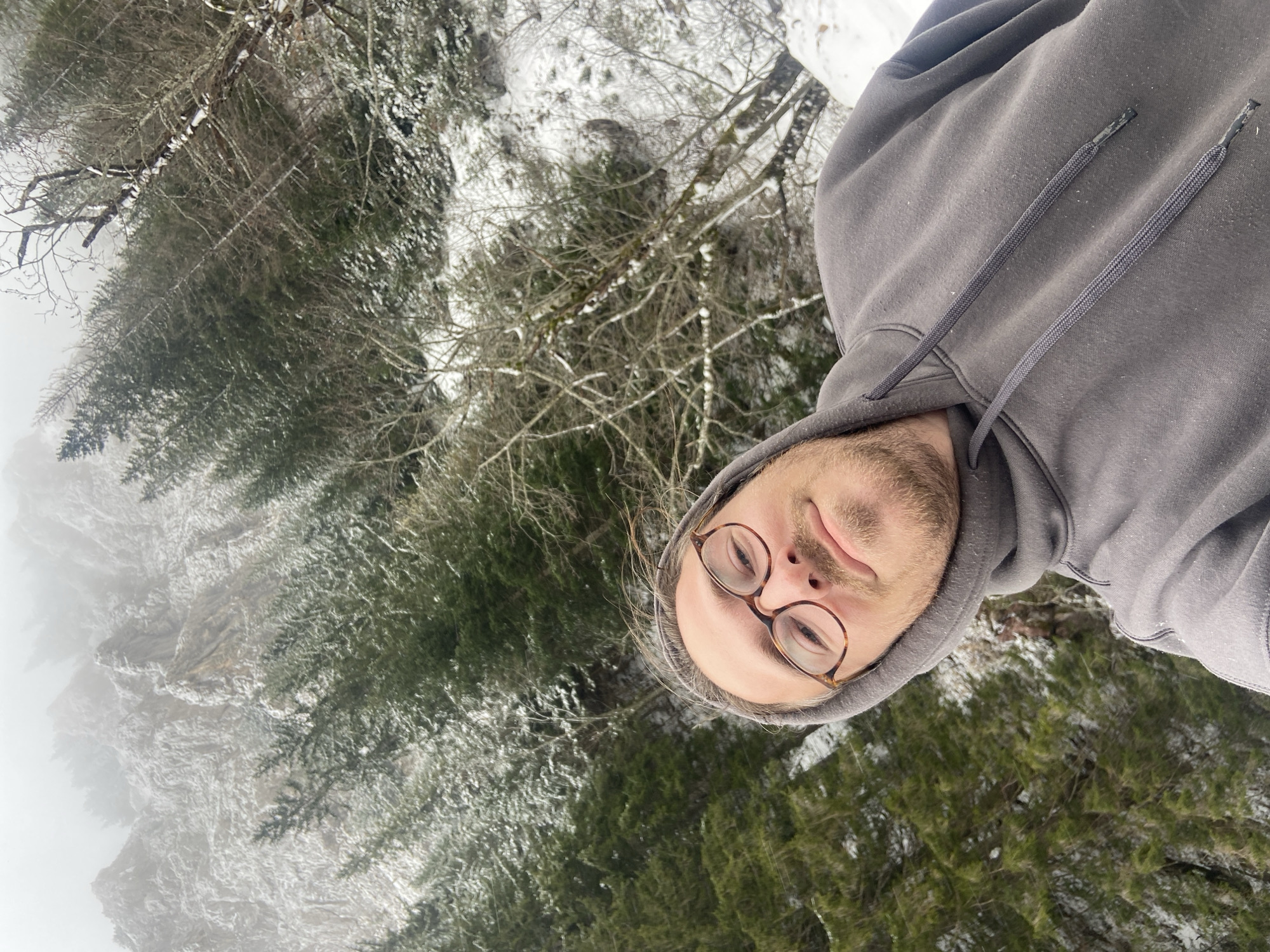 A selfie shows a person wearing a gray hooded sweatshirt and round glasses, taken in a snow-covered environment in Sedlačka gora, Montenegro. The background features snow-covered trees and a misty, overcast sky. A snow-covered cliff is visible in the lower left corner. The person is positioned in the upper right of the frame, with the camera angled upward towards their face.