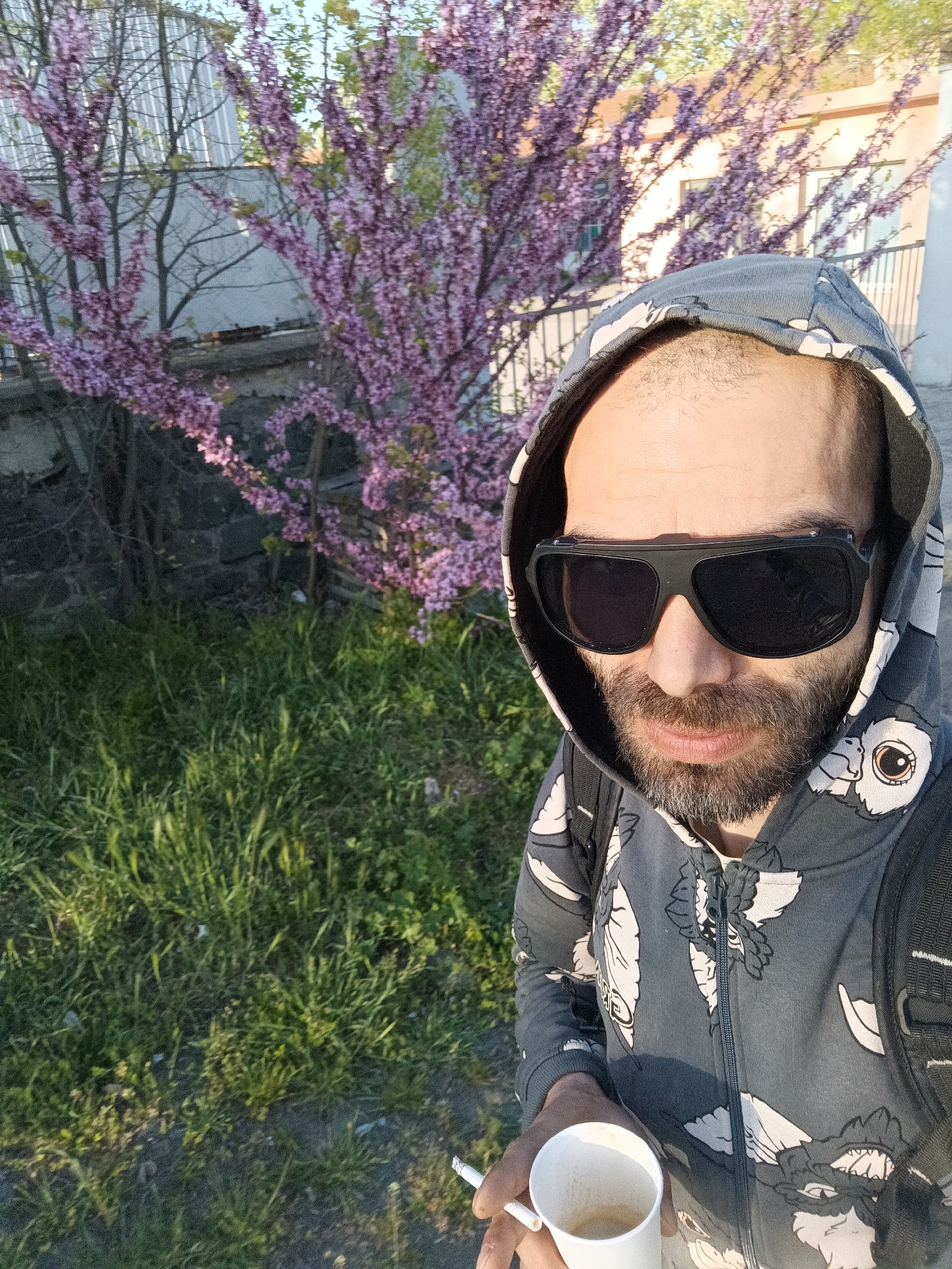 A man takes a selfie outdoors. He is wearing a gray hoodie with a pattern and large black sunglasses. He has a beard and is holding a white cup with coffee in one hand and a cigarette in the other. Behind him are green grass, a tree with pink blossoms, a gray wall, and a metal fence. The location is Unknown, Unknown.
