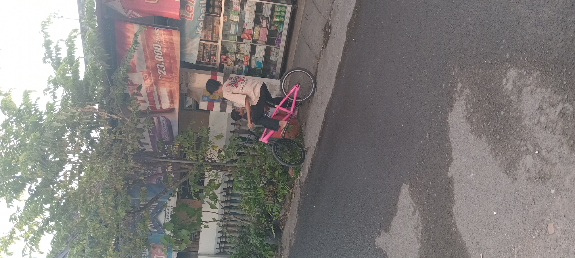 In Mataram, Indonesia, a young boy sits on the back of a pink BMX bicycle being ridden by an older boy. The older boy, wearing a light-colored t-shirt with a graphic and text that reads "HOLD YOUR HORSES," is pedaling. They are positioned on a paved road next to a sidewalk. Behind them, a store with shelves stocked with various products is visible, and above the store, banners and signage are displayed, including one with the text "Rp. 23.000." A tree with dense green foliage shades the scene.
