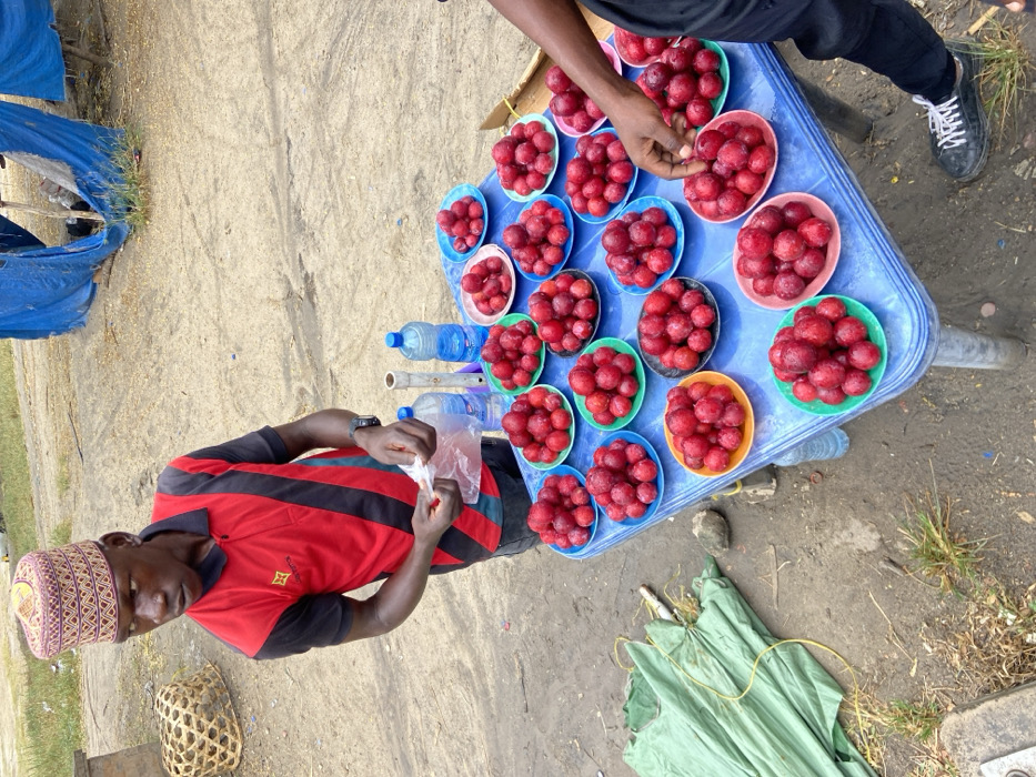 A man wearing a red and black striped shirt and patterned hat is preparing something in a plastic bag. He stands next to a blue table covered in small, colorful bowls filled with red fruits, likely plums. Water bottles are on the table. Another person wearing dark clothing is reaching for a bowl. The scene is outdoors, with sandy ground and glimpses of a blue tent and a green umbrella nearby.
