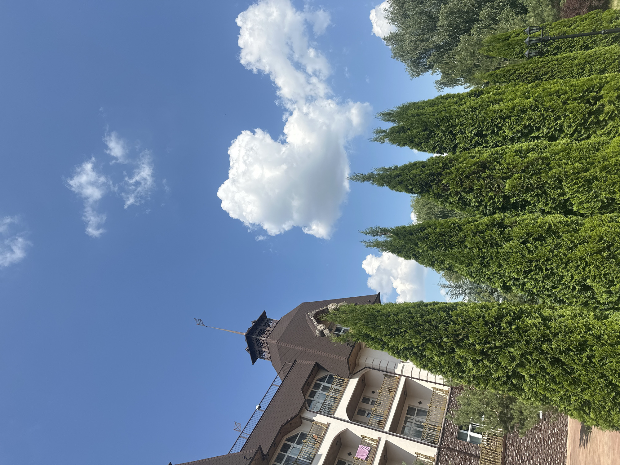 This is a low-angle, full-shot, exterior, daytime photograph of a building with trees in the foreground. The building is multi-story with a dark brown, multi-faceted roof and balconies with ornate metal railings. It has many windows with white frames. A pointed tower with decorative metalwork and a weather vane rises from the roof. The building is partially obscured by tall, dense evergreen trees that line the right side of the frame. In the upper left of the image, a large, heart-shaped cloud is visible against a clear blue sky. The location is Dal'nie Prudishchi, Russia. The weather appears to be sunny and pleasant, with a few scattered clouds. No people are visible.