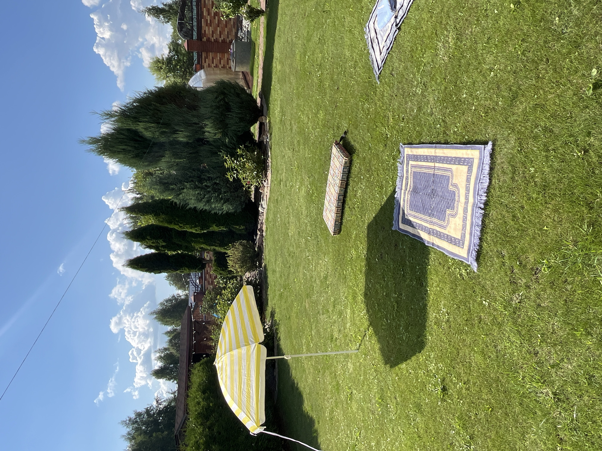 In Вельяминово, Russia, on a sunny day with scattered clouds, a backyard scene unfolds on a lush green lawn. A yellow and white striped umbrella stands planted in the grass, casting a shadow to its left. Several prayer mats are spread out on the lawn: one larger blue and yellow mat with fringe in the foreground, another smaller, colorful mat to the left of center, and a partially visible mat with blue stripes in the background to the right. Behind the lawn, a line of tall evergreen trees forms a natural barrier, with a brick wall and a greenhouse visible further in the background. The overall impression is one of a peaceful outdoor setting, possibly prepared for prayer or relaxation.