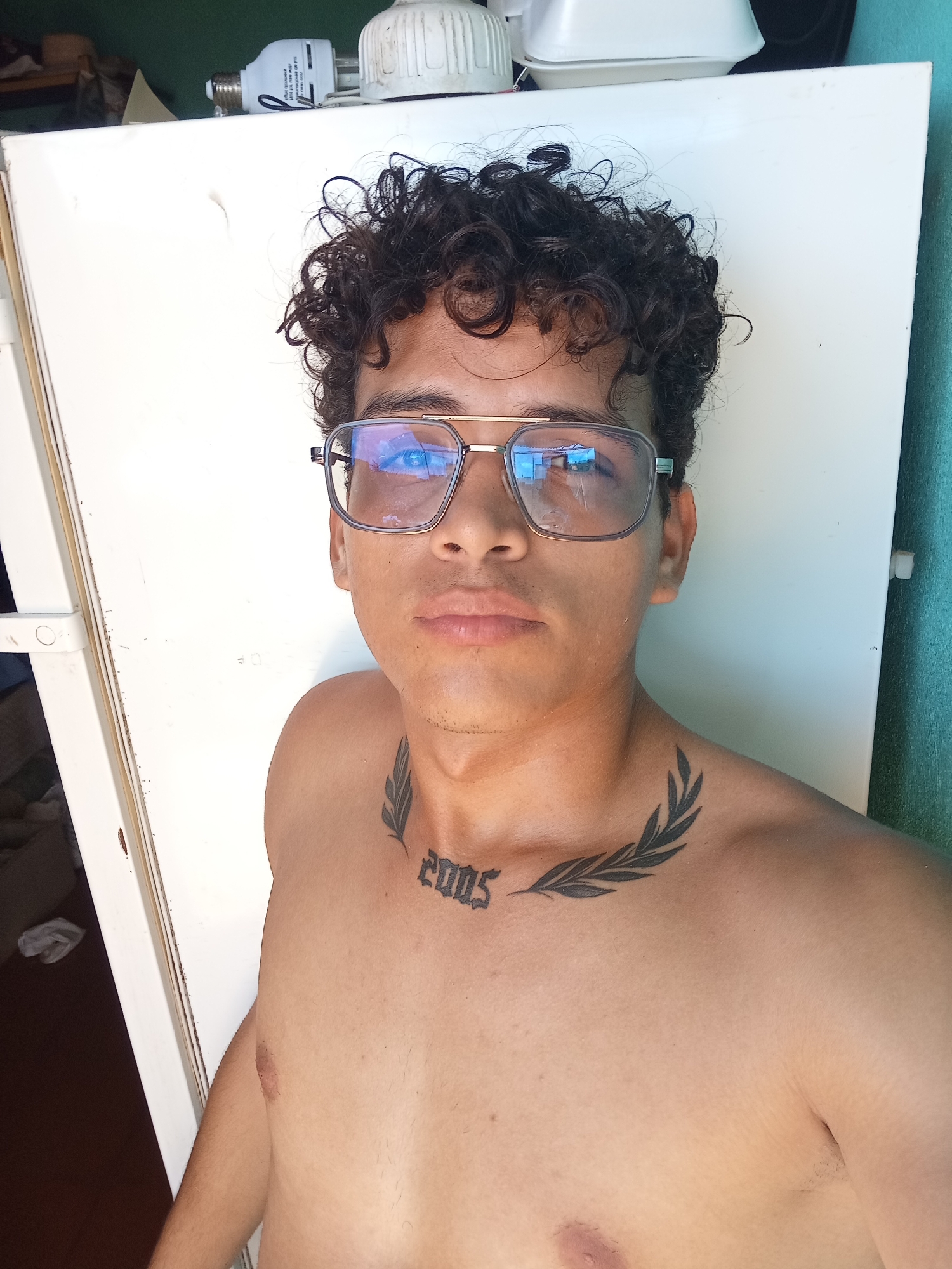 A shirtless young man with curly dark hair and glasses is posing for a selfie. He has a tattoo of a laurel wreath with the number "2005" on his chest. He is standing in front of a white refrigerator in what appears to be a home. The background includes some household items on top of the refrigerator and a partially visible doorway on the left. The lighting suggests it is daytime.