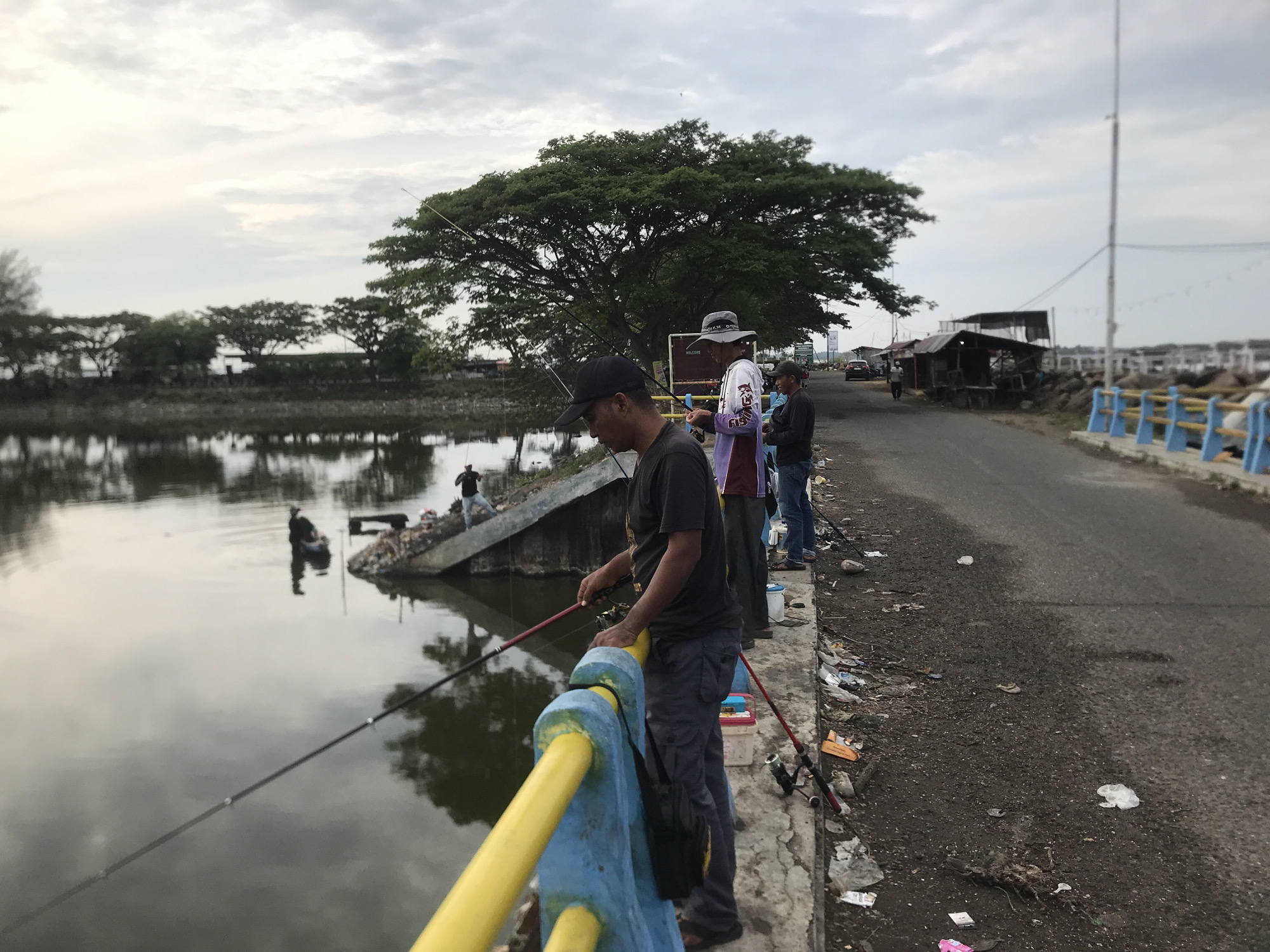 In Lhokseumawe, Indonesia, several individuals are engaged in recreational fishing from a concrete embankment adjacent to a body of water. The scene is captured on a cloudy day, with the sky displaying a mixture of light and dark gray clouds. The water reflects the overcast sky and surrounding foliage, creating a muted visual effect.
A prominent, large tree with dense foliage dominates the middle ground, its branches extending widely. The embankment on which the fishermen stand is lined with a brightly colored railing, featuring yellow and blue sections. This railing appears weathered and is slightly damaged in places. Along the edge of the road behind the embankment, there is a considerable amount of litter, including plastic wrappers, paper, and other debris. Small, dilapidated structures, possibly shops or stalls, are visible further down the road, some with tin roofs and open fronts.
The primary subjects are four men fishing. The man closest to the viewer, wearing a black cap and a dark t-shirt, is holding a fishing rod with a red accent. He is looking down towards the water. To his right, another man in a white and purple t-shirt and a hat is also fishing, holding his rod. A third man, wearing a dark long-sleeved shirt, stands slightly behind and to the right of the second man, also holding a fishing rod. Further down the embankment, another figure is visible in the water, appearing to be in a small boat or on a submerged structure. In the distance, a road with a few vehicles and more distant structures can be seen. The overall environment suggests a semi-urban or coastal area, possibly a waterfront park or a fishing spot frequented by locals. The presence of litter indicates a lack of consistent upkeep in the area.