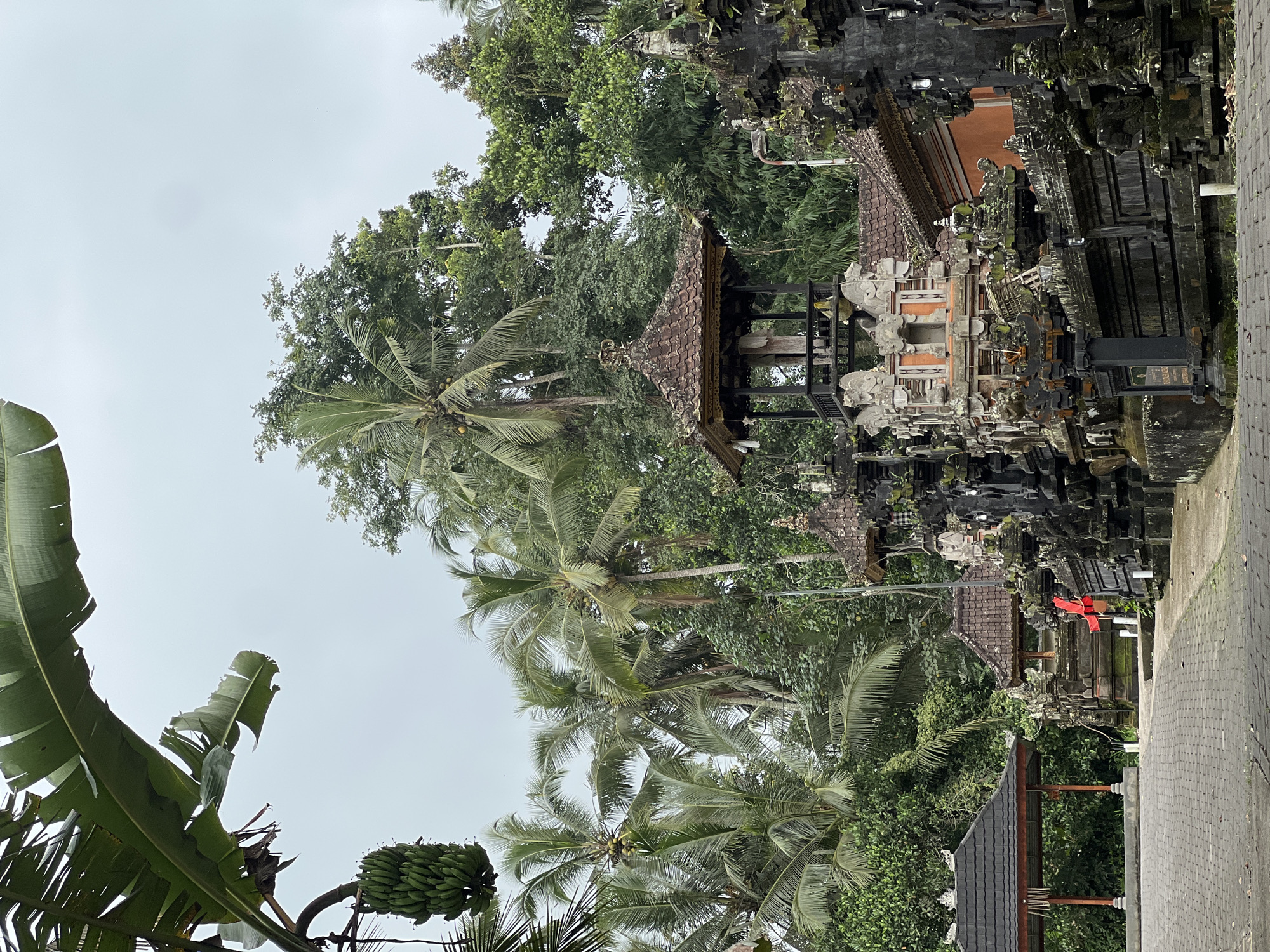 The scene depicts a cultural site in Tembuku, Indonesia, characterized by lush vegetation, traditional Balinese architecture, and overcast sky. Palm trees, banana trees bearing green bananas, and various other tropical plants dominate the landscape. The architectural elements include tiered structures with intricate stone carvings, tile roofs, and dark, aged wooden frames. These structures suggest temples or shrines. A paved area exists on one side, possibly indicating a pathway or road.