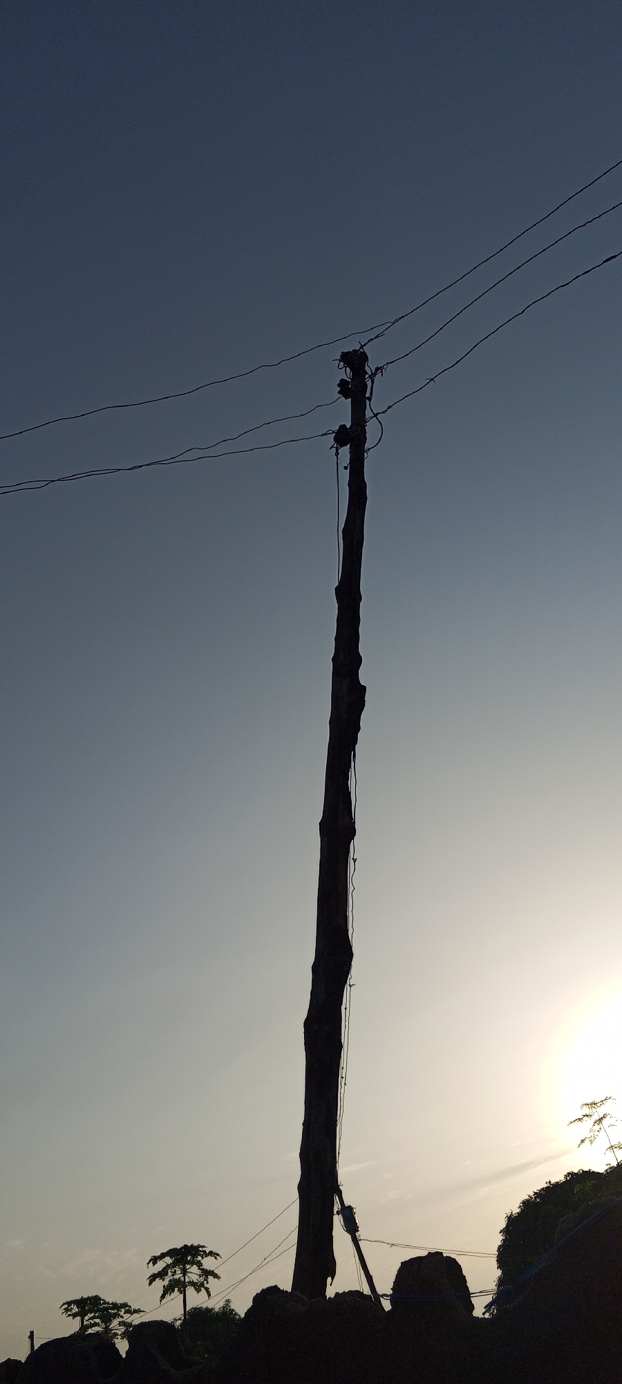 The image depicts a silhouetted wooden utility pole against a gradient sky, ranging from a deep blue at the top to a lighter, hazy tone near the horizon where the sun is setting. The pole is rough-hewn, with a visible texture and some vine-like growth clinging to it. Three wires extend horizontally from the top of the pole, stretching across the frame. At the base of the pole, the scene transitions to a silhouette of dark, rocky terrain with small, silhouetted trees. The sun, a bright, hazy orb, is visible in the upper right corner, casting a soft glow. The overall impression is one of a rural or semi-rural setting, likely on the outskirts of Jalingo, Nigeria, at dusk or dawn. No people are present in the image.