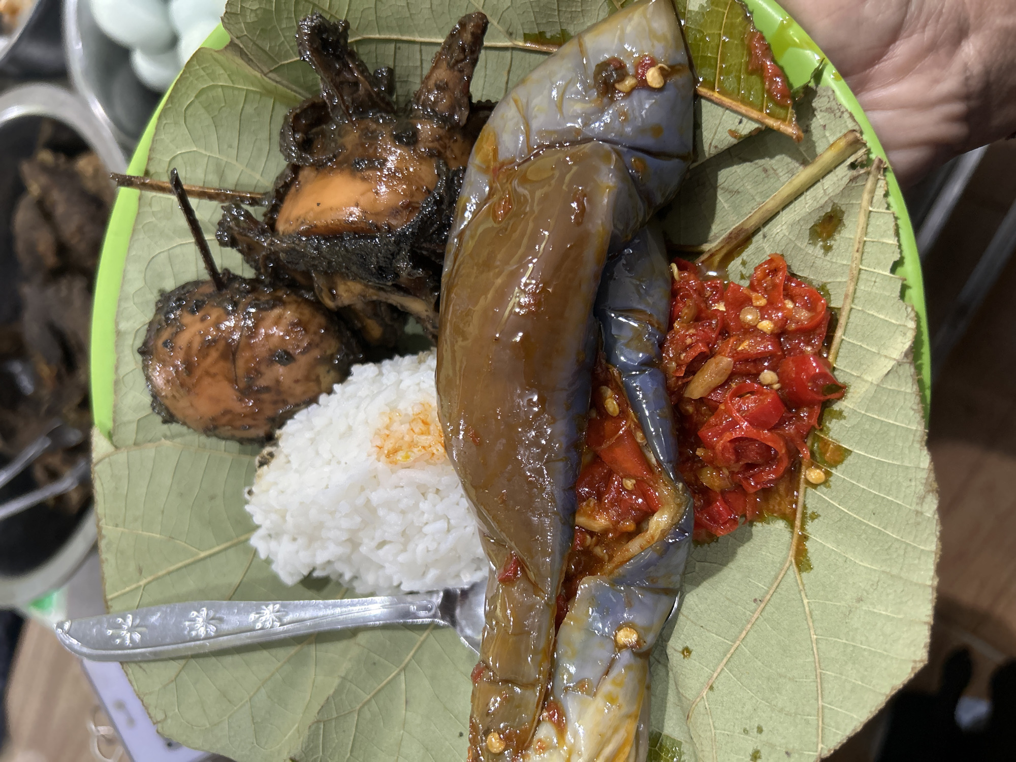 A close-up, overhead shot shows a meal served on a large green leaf placed on a green plate. The leaf, with its prominent veins, serves as a natural platter. In the foreground, a whole, cooked eggplant, likely grilled or fried, is presented split open and generously topped with a vibrant red chili and garlic sambal. The eggplant's skin is a deep purple-blue, and its flesh is a glossy brown, coated in a sauce.
To the left of the eggplant, a mound of fluffy white rice is visible, with a hint of orange spice mixed in. Partially submerged in the rice is the handle and bowl of a spoon. To the upper right of the rice, two pieces of dark, glazed chicken or meat are skewered together with a thin wooden stick. They appear to be cooked in a dark, savory sauce. In the background, out of focus, are glimpses of more food containers, one possibly holding more dark meat and another with white, oval-shaped items, possibly boiled eggs. The scene appears to be set in an outdoor or informal dining setting. The image is likely taken in Cirebon, Indonesia, a city known for its diverse culinary traditions.