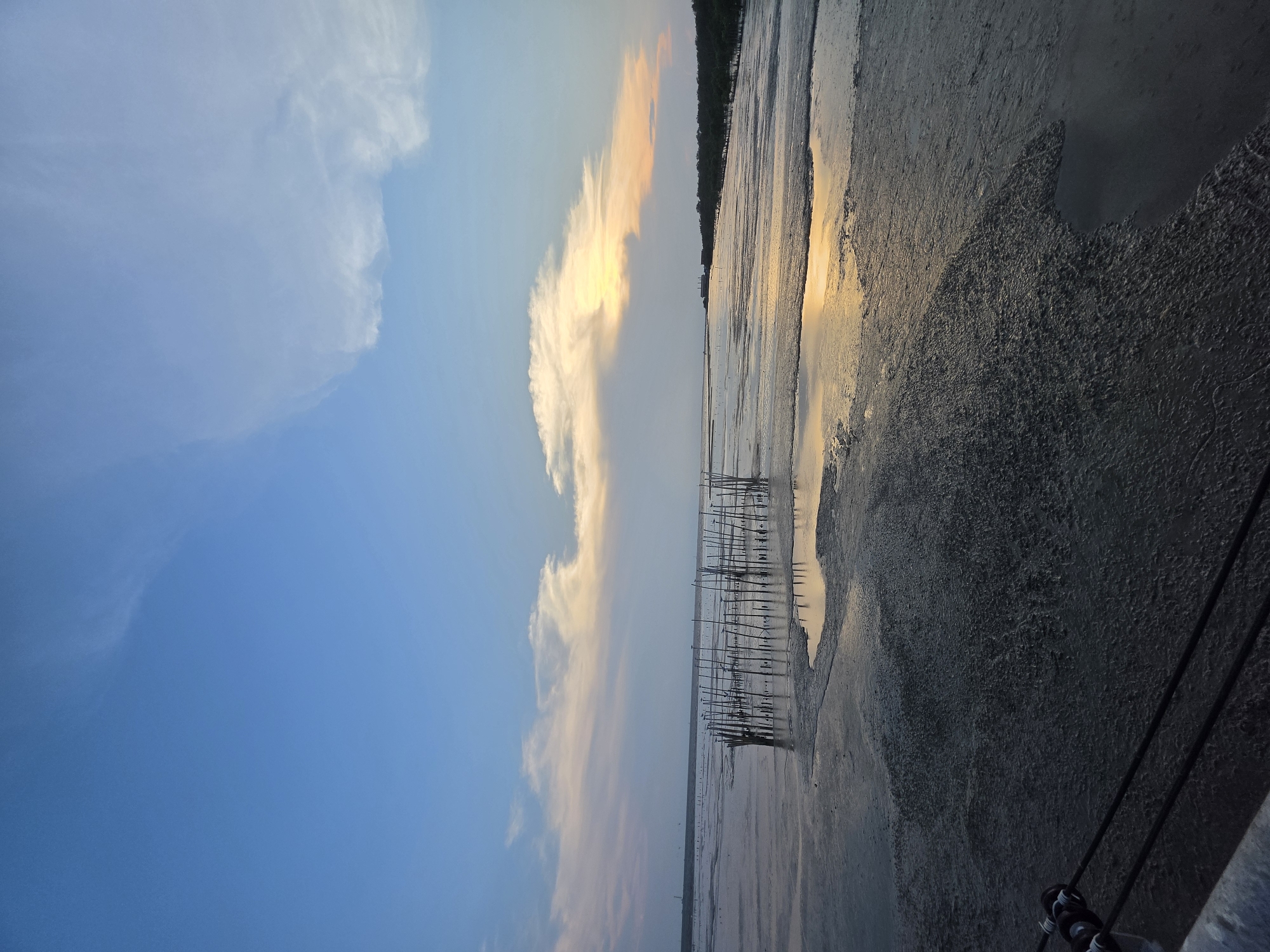 A tranquil coastal or estuarine landscape is depicted under the soft light of either sunrise or sunset. The horizon line bisects the frame, separating a vast sky from extensive mudflats or shallow water.
The upper portion of the scene features a gradient sky, transitioning from clear, vibrant blue on the left to warm golden, orange, and soft pink hues towards the right, indicating the sun's low position. Scattered clouds, some wispy and white, others catching the golden light, drift across the expanse.
Below the horizon, the foreground consists of wet, reflective mudflats or shallow water, mirroring the warm colors of the sky. The surface shows textured patterns and ripples, suggesting low tide. A prominent line of numerous thin, dark wooden stakes or poles extends horizontally across the middle ground, embedded in the mud. In the far distance, a faint, dark line of vegetation, possibly trees or mangroves, marks a distant shoreline. The immediate bottom right foreground reveals a dark, indistinct structure with visible cables or ropes, likely part of a pier or railing from which the photo was taken.
No people or discernible activities are present, contributing to the serene and contemplative atmosphere. The soft, warm illumination suggests a peaceful transition between day and night. The environment's characteristics—mudflats, stakes, and distant vegetation—are consistent with the coastal setting of Bang Pu Subdistrict Municipality, Thailand. No text is visible in the image.