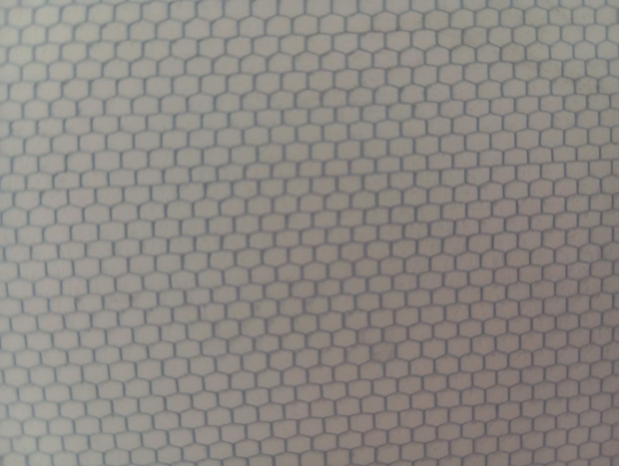 The image is a close-up, slightly out-of-focus shot of a textured surface with a repeating hexagonal pattern. The pattern consists of thin, dark blue lines forming interconnected hexagons against a lighter, possibly off-white or very pale gray background. The texture appears uniform across the entire frame. There are no people, objects, actions, interactions, or environmental elements present that would indicate a specific location within the city of Hlynytsi, Ukraine, or any other city. The image solely captures a repeating geometric pattern.