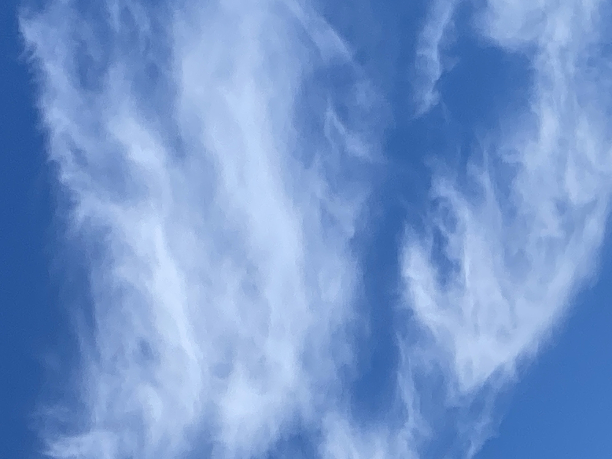 This is a close-up, vertical, full-frame shot of a bright blue sky with wispy, white clouds. The clouds are thin and translucent, appearing as streaks and swirls across the sky. The image is a photographic depiction of the sky over the city of Chornomorsk, Ukraine, on a clear day. There are no people, subjects, objects, or actions visible in the frame. The environment is solely the sky.