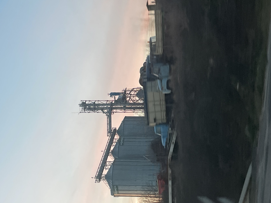 The image depicts an industrial agricultural facility in Osenets, Bulgaria, at what appears to be either dawn or dusk, indicated by the sky's light blue to faint pink and orange gradient. The primary structures are three large, cylindrical, corrugated metal grain silos, each marked "agaclı," connected by an elevated conveyor system to a tall, multi-story metal framework tower, likely a grain dryer or processing unit. At ground level, several vehicles are present: a light blue truck cab attached to a flatbed trailer on the left, followed by another light blue truck with a light-colored, rectangular cargo body, and a third light blue truck with an open cargo body partially obscured to the right. A fourth, darker vehicle is partially visible behind the third truck. A red agricultural implement is situated on the far left. The foreground consists of dark, indistinct vegetation, possibly dry grasses or bushes. No individuals are visible, and no specific actions or interactions are discernible within the static scene.