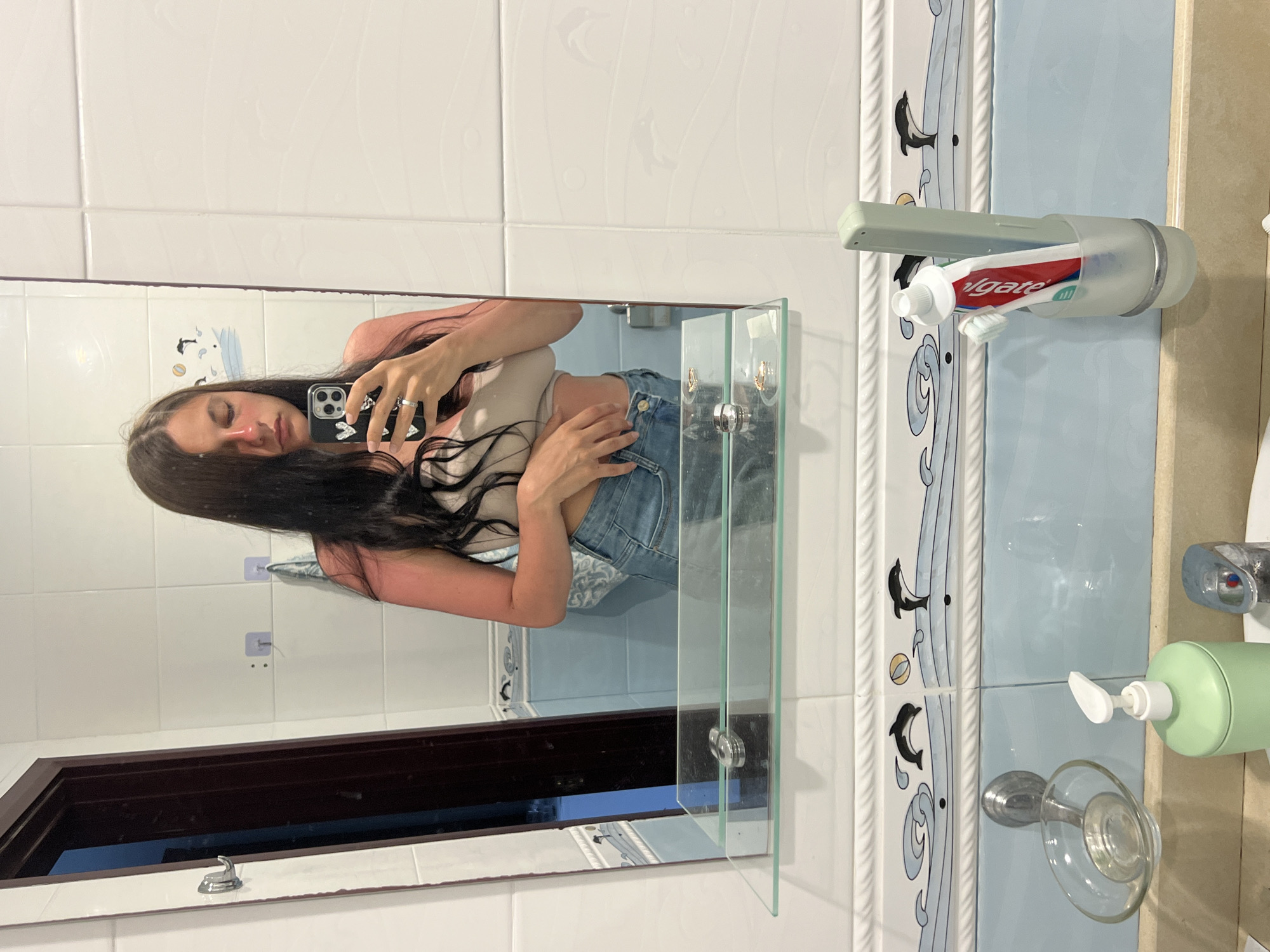 A woman with long, dark hair is taking a mirror selfie in a bathroom. She is wearing a light-colored crop top and blue jeans. Her face is partially obscured by her hair, and she appears to have sunburn on her nose and cheeks. She is holding her phone in her right hand and her left hand is placed on her hip. The bathroom has tiled walls, a glass shelf with two rings on it, and a sink with a soap dispenser and a toothbrush holder containing a tube of toothpaste and a toothbrush. The room appears to be decorated with a border of dolphins and waves. The image was taken in a bathroom in Lermontovo, Russia.