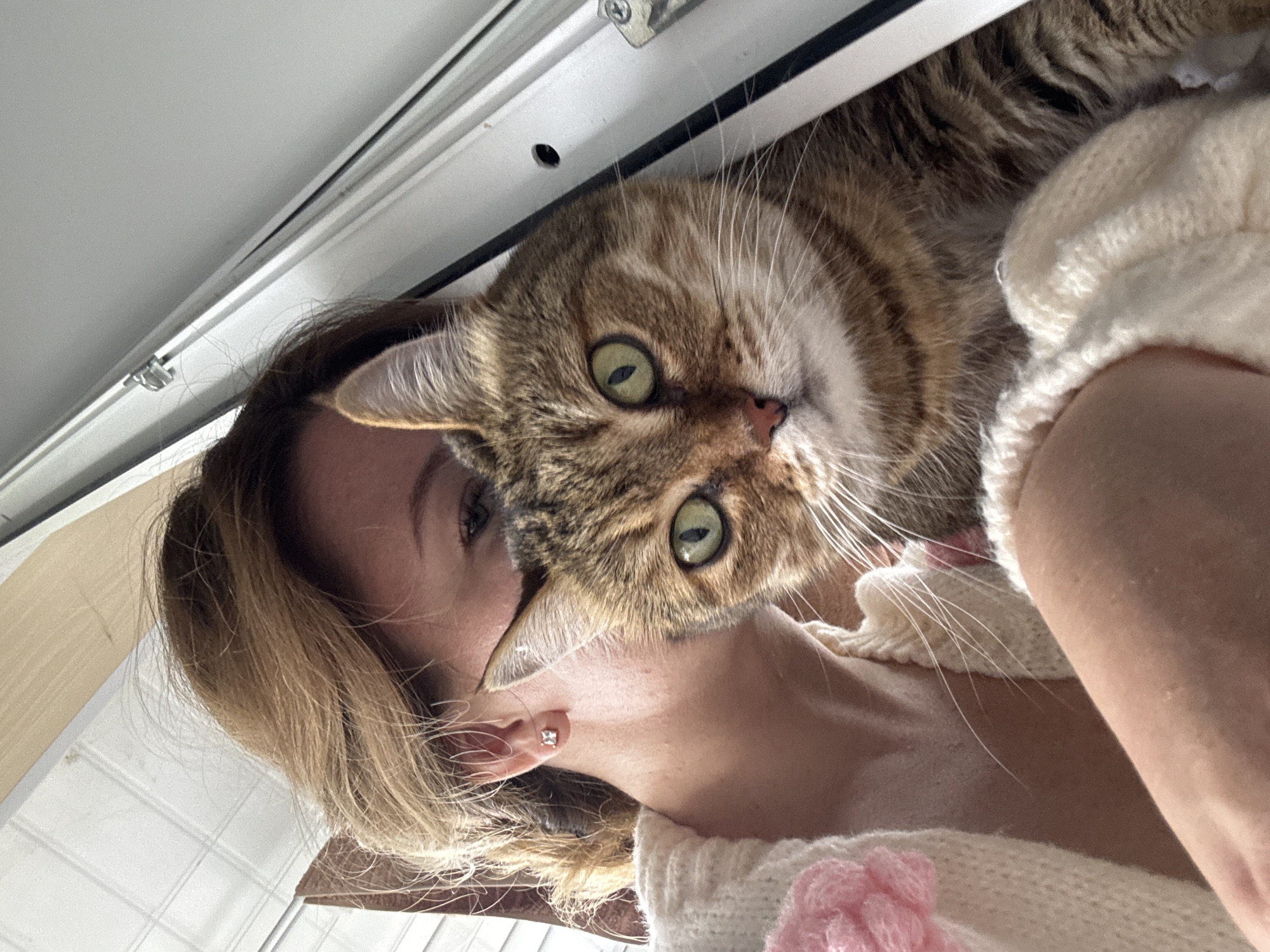 The image shows a close-up, selfie-style shot of a woman and a tabby cat. The woman's blonde hair is pulled back, and she is wearing a cream-colored cardigan with a pink floral embellishment. A small, square earring is visible on her earlobe. The cat, with prominent green eyes and brown and black tabby markings, is positioned in front of the woman, obscuring a significant portion of her face and body. The background suggests an indoor setting, possibly near a window, with a glimpse of what appears to be a window frame. The overall lighting indicates natural light entering the scene. The image does not provide any specific details to ascertain a location in the city of Chaikovsky, Russia.