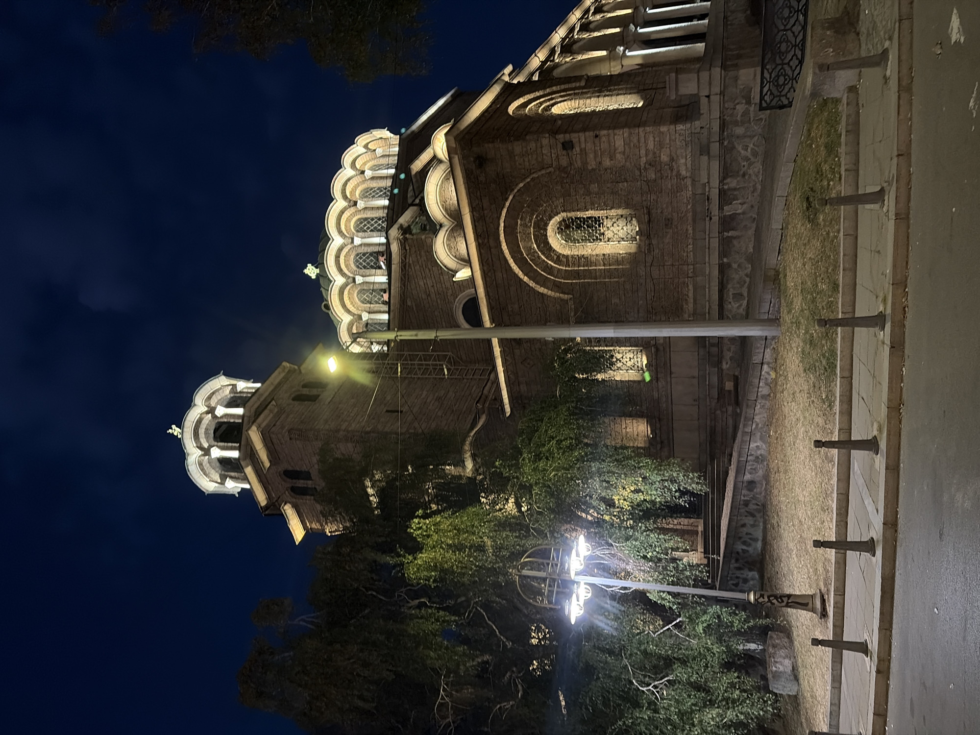 The image shows the Alexander Nevsky Cathedral in Sofia, Bulgaria, at night. The cathedral is illuminated by warm lights, highlighting its intricate architecture, including the domes, towers, and arched windows. The sky is dark blue, with a few clouds visible. In the foreground, there is a street with a sidewalk and some bollards. A lamppost with multiple lights stands on the left side of the image, casting a bright glow on the surrounding trees and the facade of the cathedral. The trees are dense and leafy, with some branches hanging low. The overall scene is serene and majestic, showcasing the beauty of the cathedral at night.