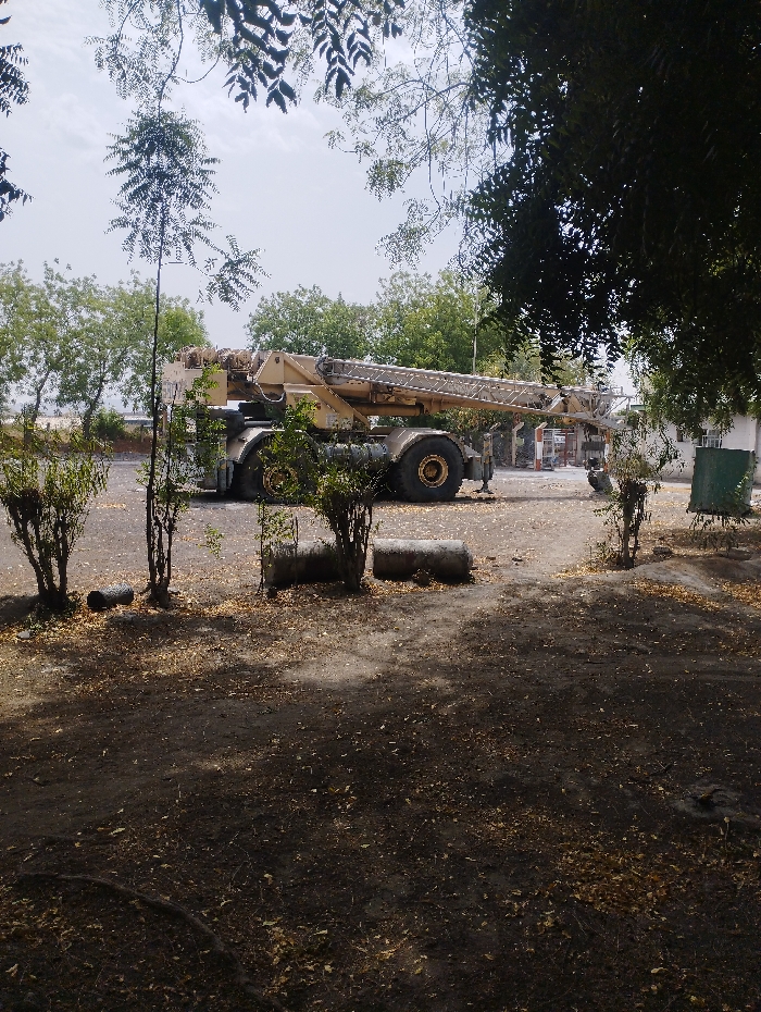 The image shows a large construction crane parked on a dirt lot in Ashaka, Nigeria (10.929, 11.475). The crane is facing away from the viewer, with its boom extended to the left. There are trees and bushes in the foreground, along with scattered leaves. The lot is mostly empty, with a few unidentified objects visible in the distance. The sky is overcast. The crane appears to be idle.