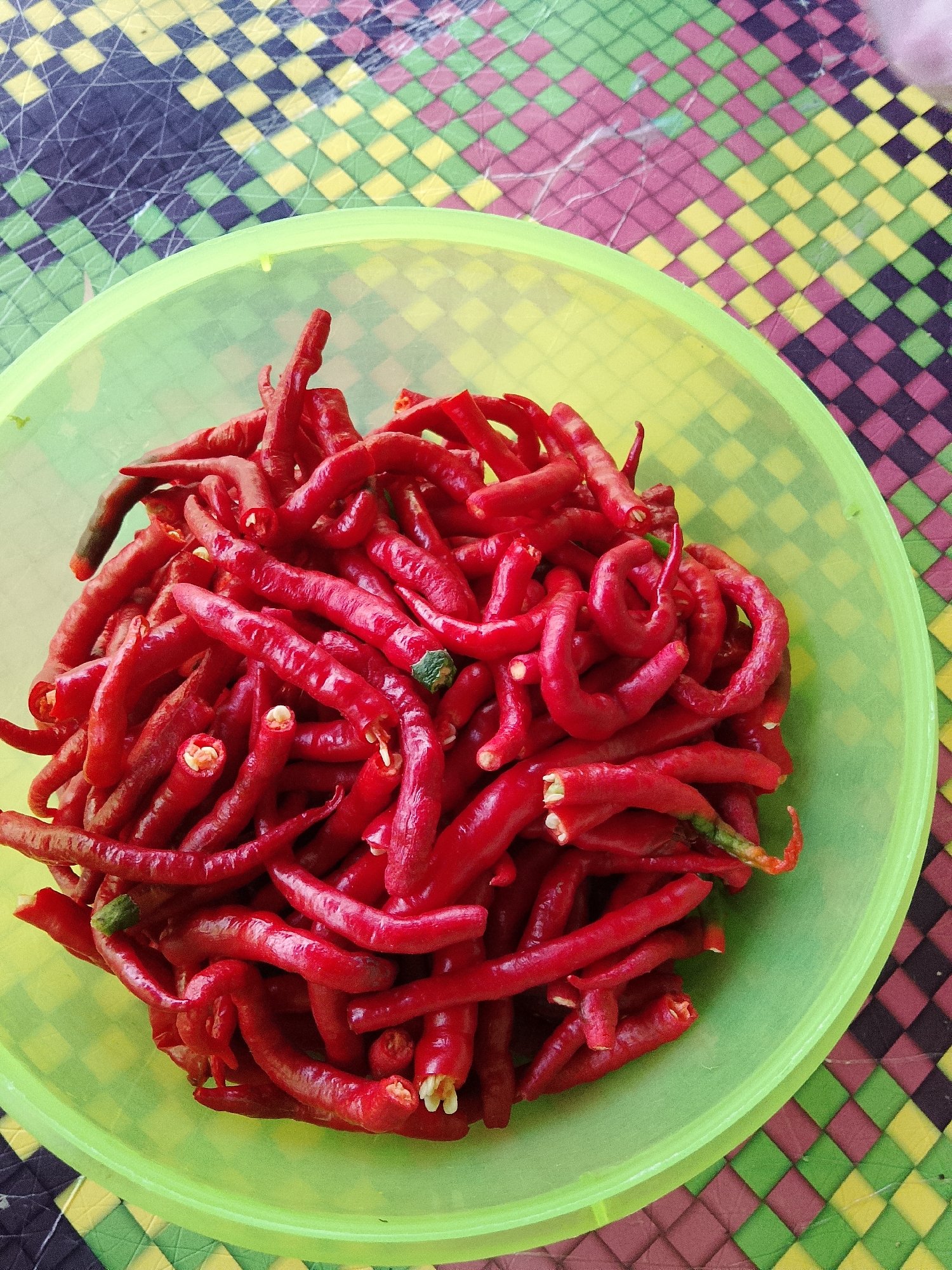 A pile of red chilies is in a light green bowl, placed on a multi-colored, checkered mat. The mat has a geometric pattern of squares in shades of yellow, green, pink, and dark blue. The chilies are long and curved, with some appearing to be cut. One chili has a green stem. The lighting is bright, suggesting an outdoor or well-lit indoor setting. The image appears to have been taken in the city of Kruenglingka Barat, Indonesia.