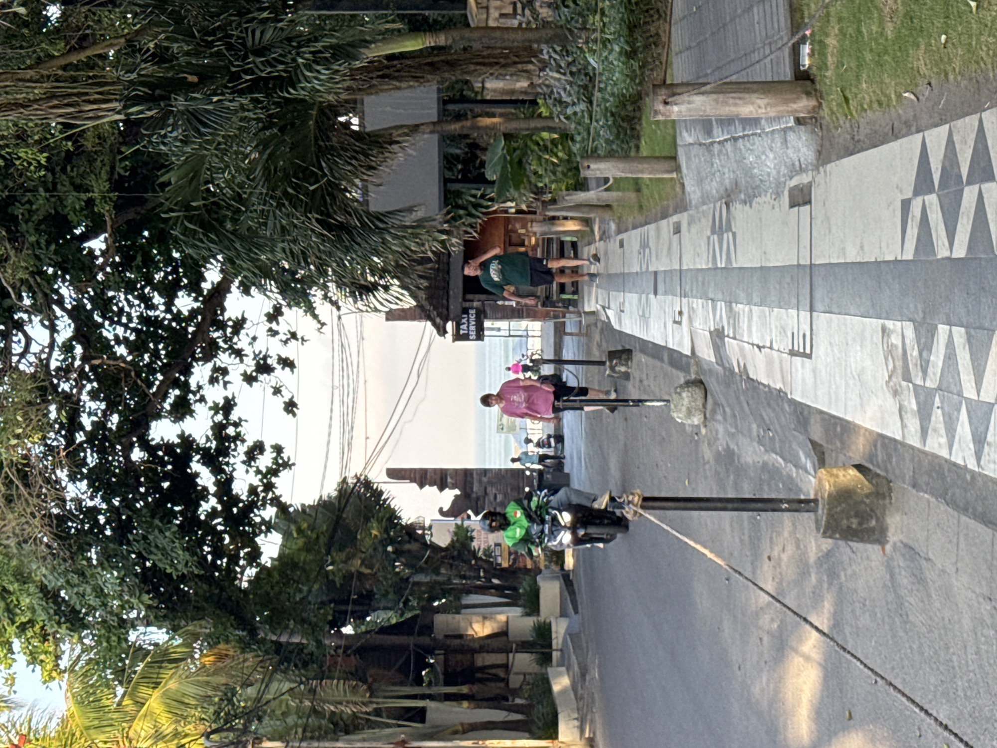 The image depicts an outdoor street scene in what appears to be a coastal town, consistent with the Kuta, Indonesia context. The view looks down a street that runs parallel to the ocean, visible in the distance. The time of day seems to be late afternoon or early evening, characterized by soft, warm light and subtle shadows.
On the left side of the frame, lush tropical vegetation, including tall palm trees and dense green foliage, forms a vibrant canopy. On the right, a wide pedestrian walkway or promenade features a distinctive pattern of light and dark grey tiles arranged in triangular and linear designs. This walkway is separated from the road by a series of black poles with substantial concrete bases, one of which has a rope tied to it in the foreground.
Several people are present in the scene. In the middle distance on the walkway, a man wearing a green t-shirt and dark shorts stands near the entrance of a building, which has a sign clearly displaying "TAXI SERVICE" in white text on a dark background. Further down the walkway, closer to the ocean, another individual in a pink t-shirt and dark pants stands next to one of the black poles. On the asphalt road in the foreground, a person wearing a bright green jacket and a helmet is riding a motorcycle away from the viewer. Other less distinct figures can be seen in the background near the ocean.
The general activity suggests everyday life in a bustling area, possibly a tourist or commercial strip given the "TAXI SERVICE" sign and the coastal setting. The sky is bright but softened by the late hour, indicating clear and pleasant weather. Various power lines or cables are strung across the upper parts of the image, adding to the urban feel amidst the natural surroundings.
