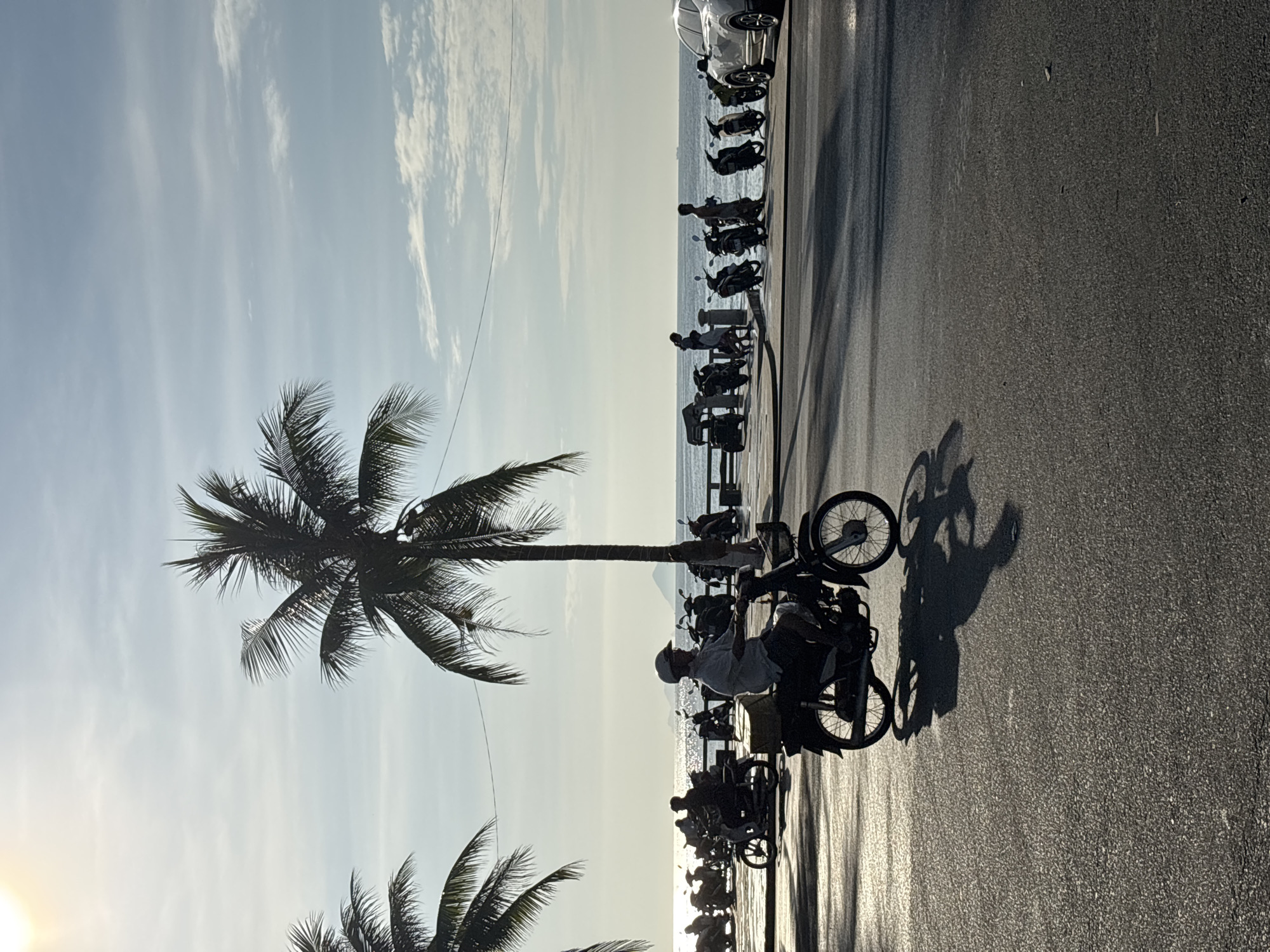 The image shows a scene on a street in Nha Trang, Vietnam, with the ocean in the background. In the foreground, a man is riding a motorcycle. He is wearing a white helmet and a light-colored shirt. The motorcycle has a box on the back. The road is asphalt, and there are shadows cast by palm trees and the motorcycle.
In the mid-ground, several other motorcycles are parked along the roadside. Beyond the motorcycles, there is a body of water, presumably the ocean, with a calm surface reflecting the sunlight. The sky is light blue with scattered white clouds. There are a few people standing near the parked motorcycles and a white car is visible on the far right. Palm trees are prominent features in the scene, with their fronds silhouetted against the bright sky. The overall impression is that of a sunny day by the coast.