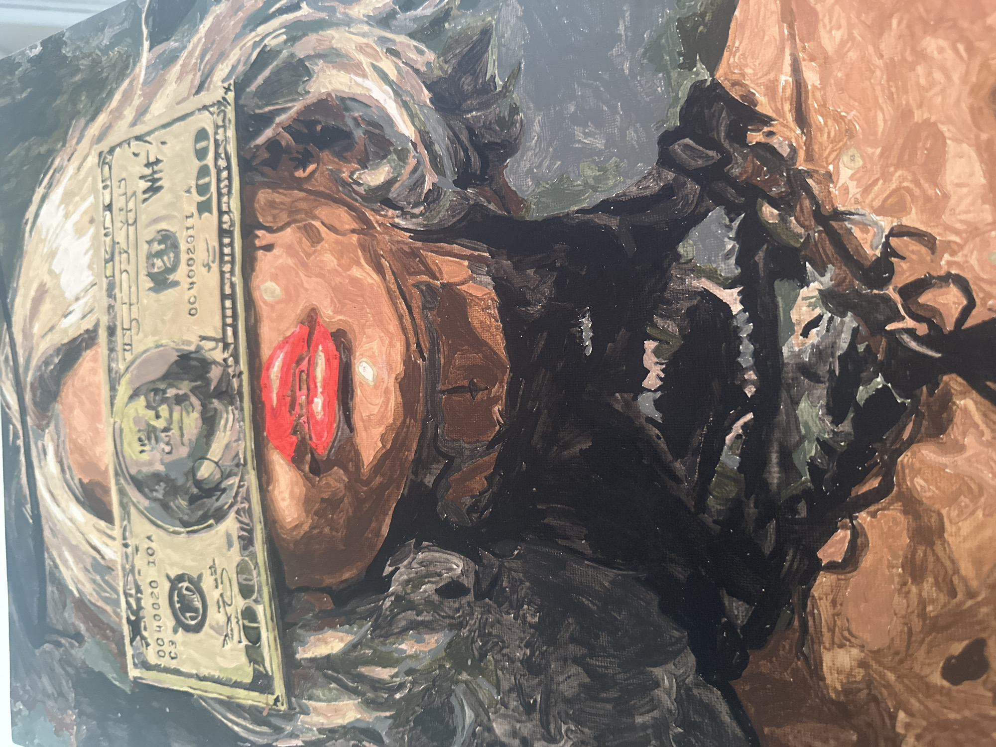 A close-up of a painted image showing a woman with red lipstick and a one hundred dollar bill on her face. The painting appears to be done in an impressionistic or abstract style. The woman has dark hair and her skin tone is a combination of tan, brown, and reddish hues. The dollar bill partially covers her eye and cheek. The background features dark colors, including black and gray, with hints of green. The scene does not contain enough information to determine if the location is in the city of Vysokiy, Russia.