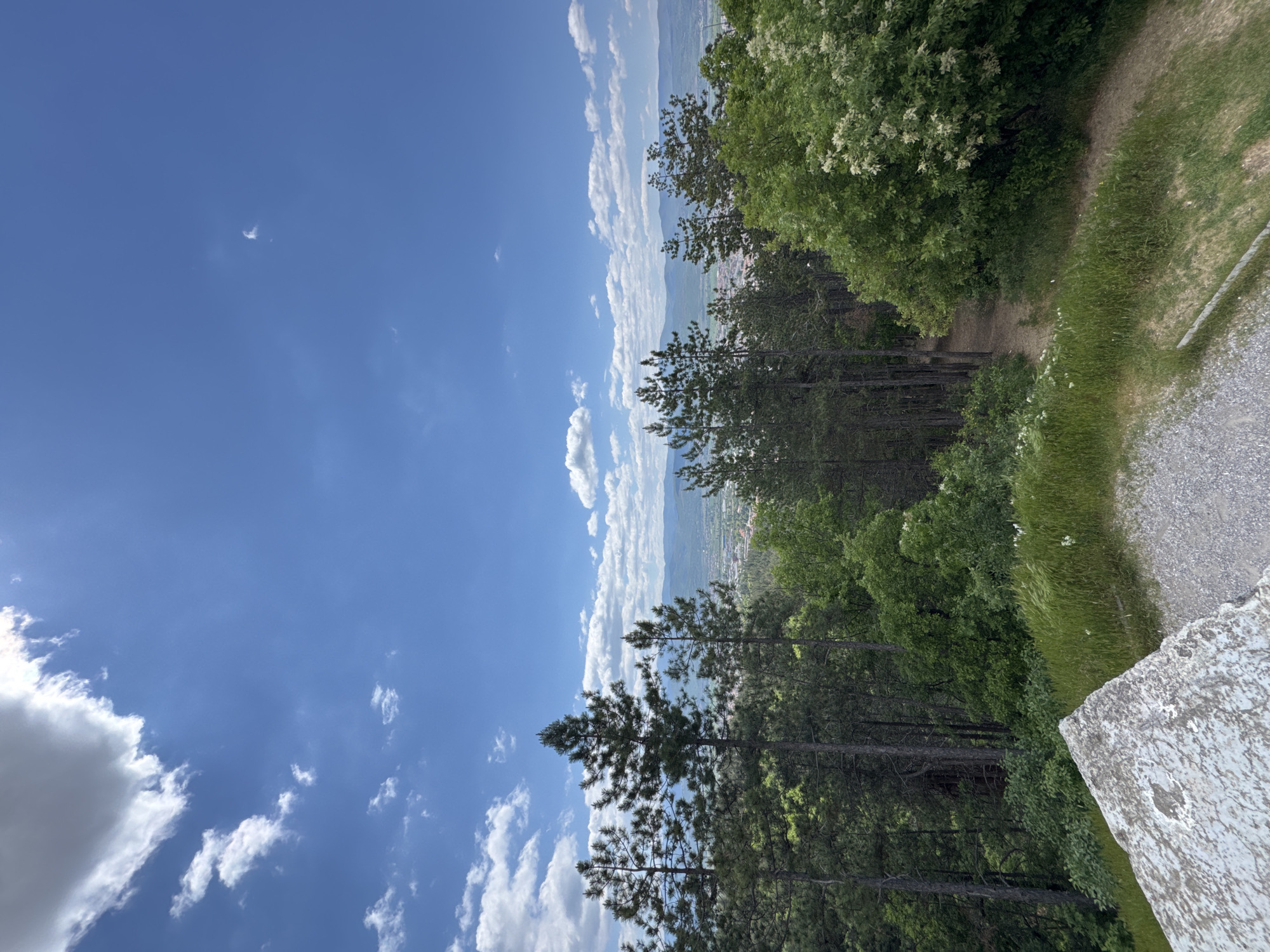 The image depicts a scenic view from a high vantage point in or near Blagoevgrad, Bulgaria. The foreground shows dense green foliage, including pine trees and other types of vegetation. Adjacent to the foliage is a dirt path. Part of a stone structure with a rough, weathered surface is visible at the very bottom. In the distance, there are buildings, likely part of the city, with mountains in the background. The sky is blue with scattered white clouds.