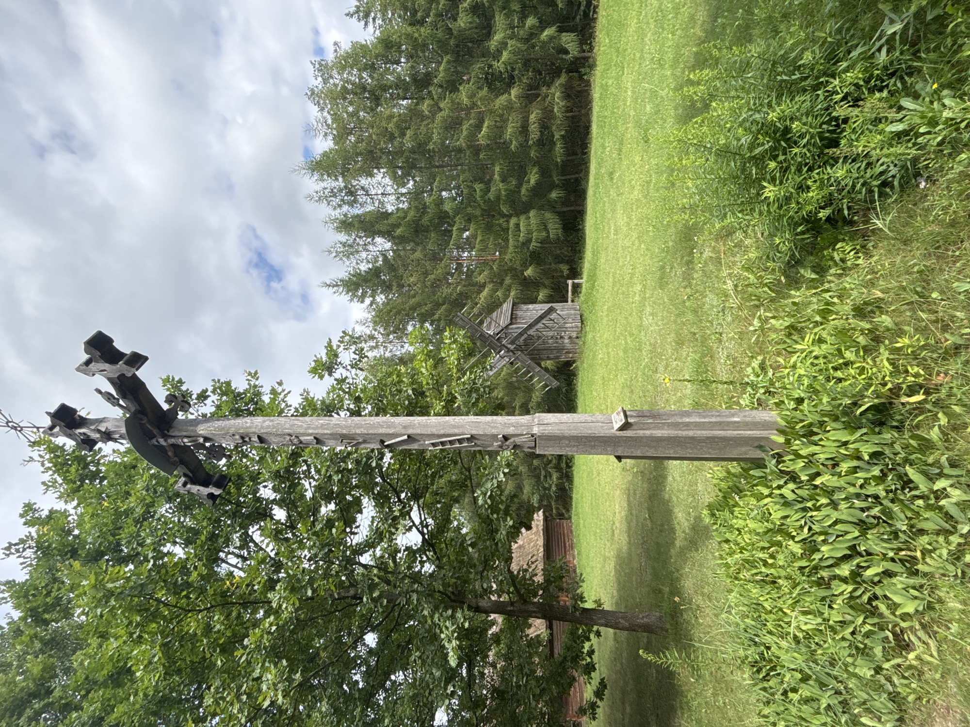 This is an outdoor, eye-level, medium shot photograph taken on a cloudy day in Sielachowskie, Poland. The foreground is dominated by lush green foliage with tall grass and smaller plants. A weathered wooden cross, ornately carved with decorative elements and what appear to be small tools or figures, stands prominently in the center left of the frame. Behind the cross, a large deciduous tree with dense green leaves is visible. To the right of the cross, a green meadow stretches towards a dense line of tall evergreen trees in the background. Nestled amongst the trees and meadow is a small, rustic wooden windmill. Further to the left and slightly behind the cross, a traditional wooden building with a thatched roof is partially visible. The overall scene depicts a rural, possibly historical, outdoor setting.