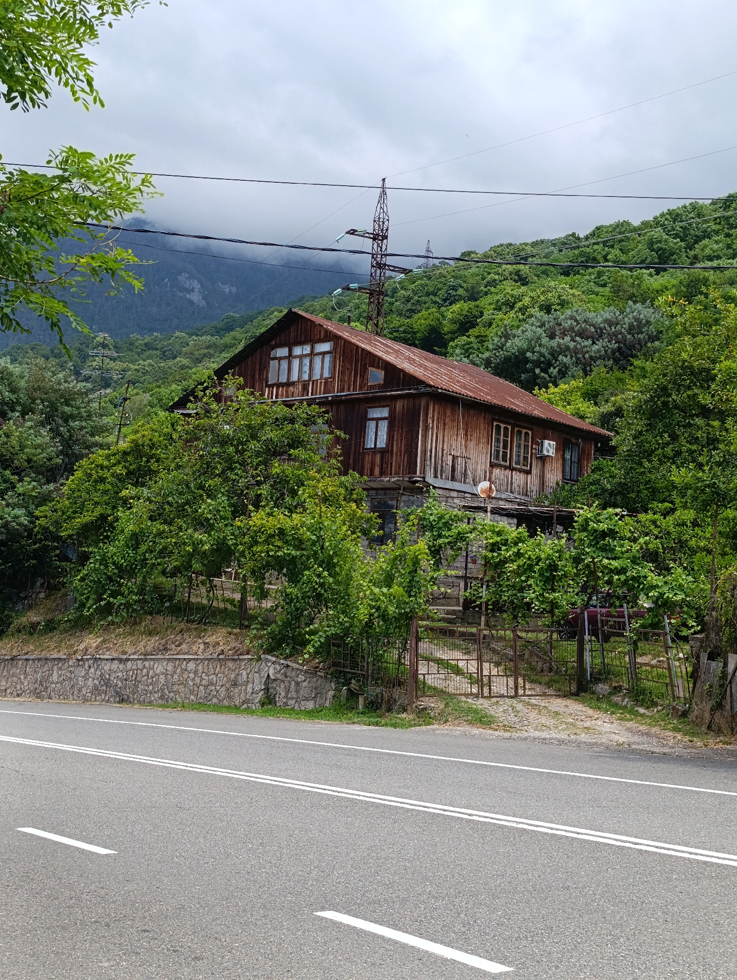 In the city of Gagra, Abkhazia, a weathered wooden house stands on a hillside, partially obscured by lush green foliage. The house features a rusty metal roof and several windows with wooden frames. A paved road with double white lines runs along the bottom of the image. Beyond the house, a dense forest covers the slopes of a mountain range, shrouded in a cloudy sky. Power lines and utility poles are visible in the background, indicating the presence of infrastructure. The scene appears to be a rural or semi-rural residential area.