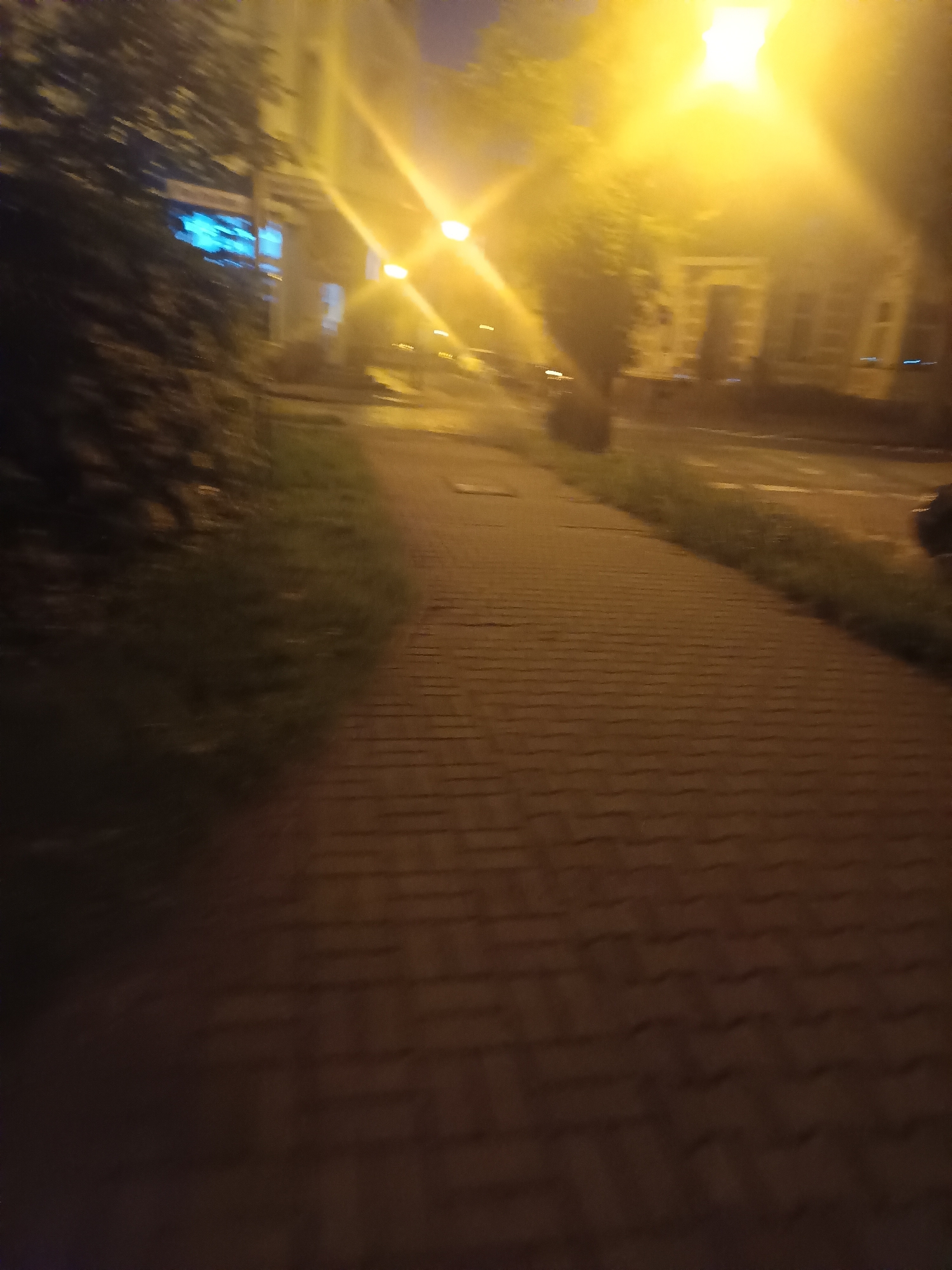 The image captures a dimly lit, blurred perspective of a paved walkway at night, likely in Świnoujście, Poland. The walkway is constructed of reddish-brown pavers laid in a herringbone pattern. To the left of the walkway, a dark, dense hedge or shrubbery is visible, partially obscuring a building. Bright yellow streetlights cast a strong glow, creating lens flares and illuminating the surroundings. The building in the background appears to be an older structure with visible window outlines and architectural details, though they are indistinct due to the blur and low light. There are no people or discernible actions depicted in the scene. The environment suggests an urban or semi-urban setting, possibly a park, a residential street, or a promenade.