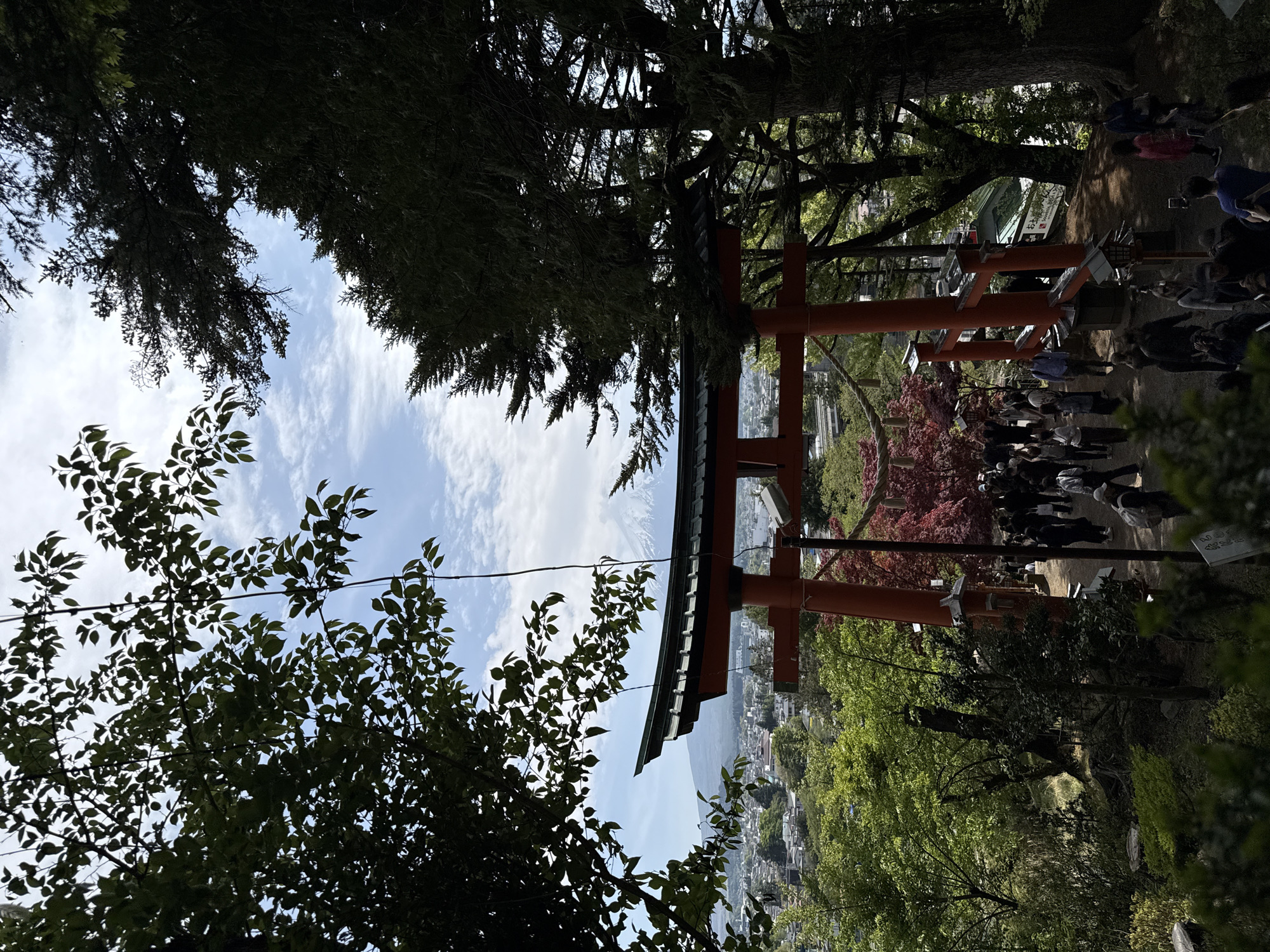 The image, when correctly oriented, presents a scenic daytime view from an elevated position in Fujiyoshida, Japan. A prominent, red and black traditional Japanese torii gate stands centrally in the mid-ground, its roof and pillars framing the distant landscape. Behind the torii gate, the iconic snow-capped peak of Mount Fuji dominates the horizon under a clear blue sky with scattered white clouds.
Numerous people, appearing to be tourists or visitors, are gathered around the torii gate and along adjacent pathways. They are engaged in sightseeing, walking, and observing the panoramic view, with some individuals holding up phones, likely for photography.
The scene is framed by an abundance of lush green trees and foliage in the foreground and along the sides, with some trees exhibiting patches of red leaves. Below the torii gate and Mount Fuji, a cityscape with various buildings is visible, indicating a town in the valley.
Visible text on a sign near the base of the torii gate includes Japanese characters, notably "忠霊塔" (Chureito Pagoda), confirming the location as Arakurayama Sengen Park, renowned for this specific iconic vista. The time of day is sunny, suggesting pleasant weather for outdoor activities.
