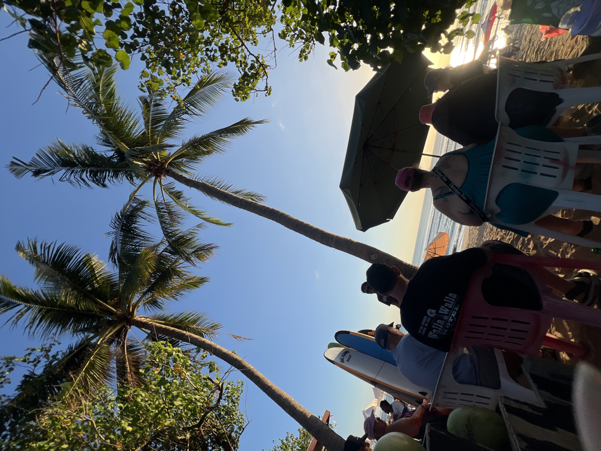 The image captures a scene on a beach in Kuta, Indonesia, with a clear blue sky and the sun setting. Two prominent palm trees dominate the foreground, their fronds casting shadows. In the middle ground, a group of people are seated on chairs, facing the ocean. Some of them are looking out towards the water, while others are engaged in conversation. Surfboards are leaning against a structure behind them, suggesting a surf-related activity. An umbrella provides shade for some of the seated individuals. In the background, the ocean stretches to the horizon, with gentle waves and a distant orange umbrella on the sand. The overall atmosphere appears relaxed and casual, indicative of a typical beach setting in Kuta.
