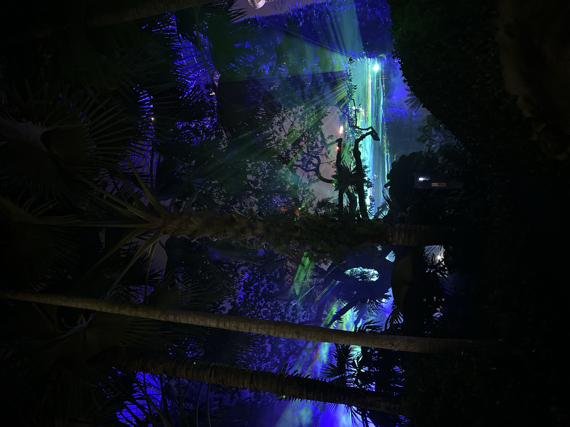 This is a night-time, low-angle, vertical shot of a tropical garden with dramatic laser light show effects. The foreground is dominated by dark silhouettes of palm trees with visible fronds. The background is illuminated with beams of blue and green light that appear to be projected through mist or fog, creating a vibrant, ethereal atmosphere. Some of the light beams are sharp and defined, while others are more diffused, suggesting movement or dispersion. In the distance, a faint city skyline is visible, hinting at the urban setting of Singapore. The overall impression is one of a magical, otherworldly environment created by artificial lighting within a naturalistic garden setting.