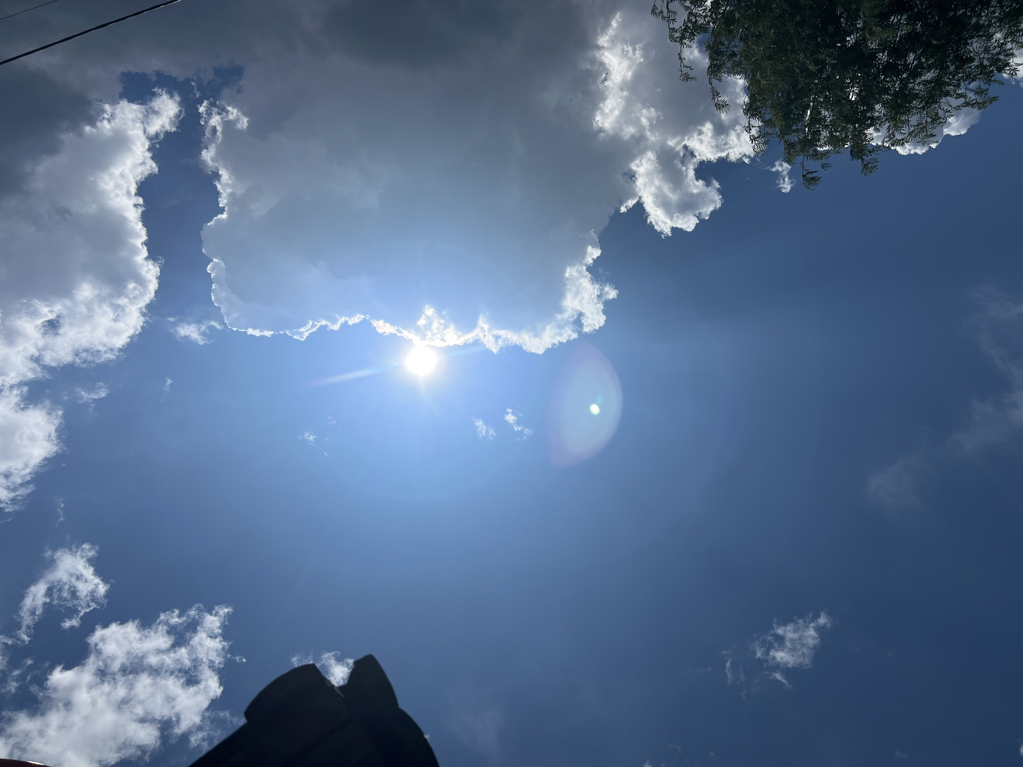 A bright, sunlit sky with scattered clouds dominates the image. The sun is a prominent feature, emitting bright rays and causing a lens flare effect. A large, fluffy white cloud is positioned near the center, partially obscuring the sun. In the lower left corner, the dark green foliage of a tree is visible. The top right corner of the image shows a dark, shadowed overhang, possibly part of a building or structure. A thin black wire runs horizontally across the bottom right of the frame. The scene appears to be outdoors, under a clear blue sky.