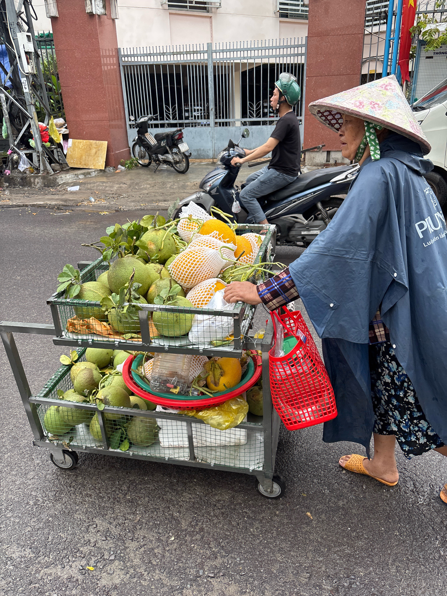 A Vietnamese woman wearing a conical hat and a dark blue rain poncho pushes a fruit cart down a street in Nha Trang, Vietnam. The cart is laden with pomelos and other fruits. Behind her, a man on a motorcycle wearing a green helmet rides past. The street appears wet, suggesting recent rain. The background shows a building with a metal gate and a motorcycle parked by the side of the road.