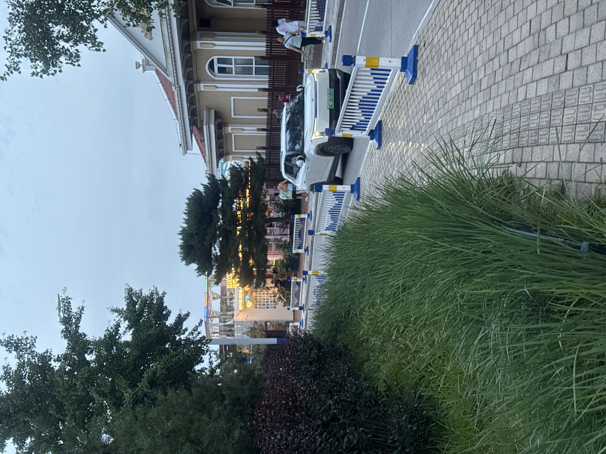 The image depicts a street scene in Qinhuangdao, China, likely near the coast, given the presence of a building with a prominent facade and a wooden fence that could be associated with a seaside resort or historical district. In the foreground, tall, lush green grass lines a paved sidewalk made of square tiles with a textured pattern. Beyond the grass, a white SUV is driving on the right side of a road, which is separated from the sidewalk by a temporary barrier composed of blue and white traffic cones and posts. The SUV has its headlights on and a license plate that reads "DC DE5695".
On the sidewalk behind the SUV, several people are visible. A woman in a light-colored shirt and dark pants walks away from the camera, while a man in a white t-shirt and shorts stands closer to the building. Another woman in a light blue top and dark pants is also walking away from the camera.
In the background, a multi-story building with a distinctive architectural style, featuring arched windows and a reddish-brown tiled roof, stands to the right. A tall evergreen tree is situated in front of this building. To the left of the building, a more modern structure with colorful lights and signage, possibly a restaurant or entertainment venue, is visible. Further to the left, a dense shrubbery with dark leaves borders the grassy area. The sky is overcast, suggesting a cloudy day or dusk. The overall impression is a well-maintained urban environment with elements of both nature and infrastructure.