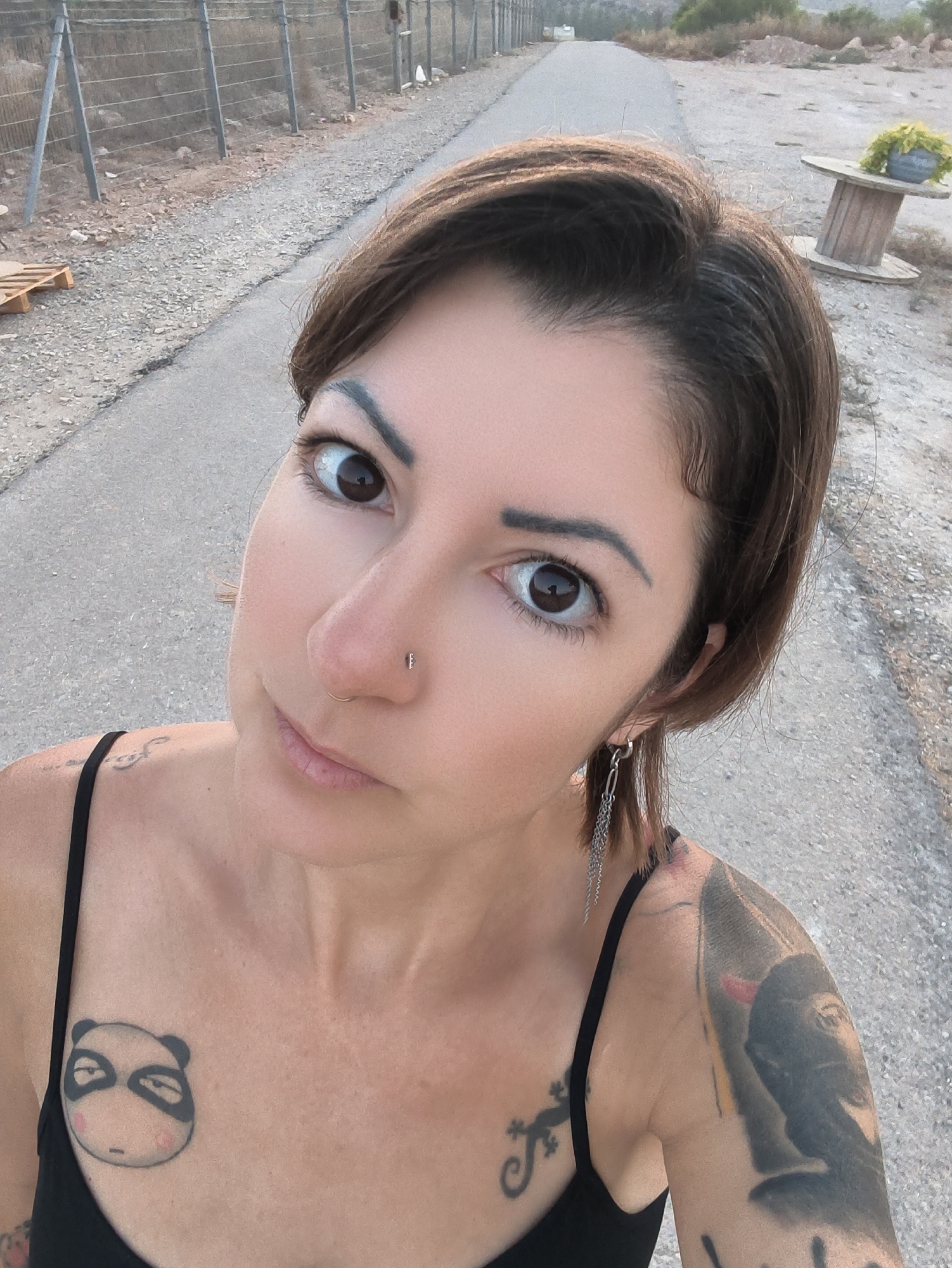 A close-up selfie of a woman with brown hair and brown eyes is taken outdoors on a paved road. She is wearing a black tank top, revealing several tattoos: a panda on her chest, a lizard on her upper chest, and a large tattoo on her right arm. She has a nose ring and a chain earring. The background shows a gravelly shoulder, a wire fence, and some vegetation. A wooden spool with a potted plant sits to the right of the road. The scene appears to be in the Lachish Regional Council, Israel, based on the arid landscape and vegetation.