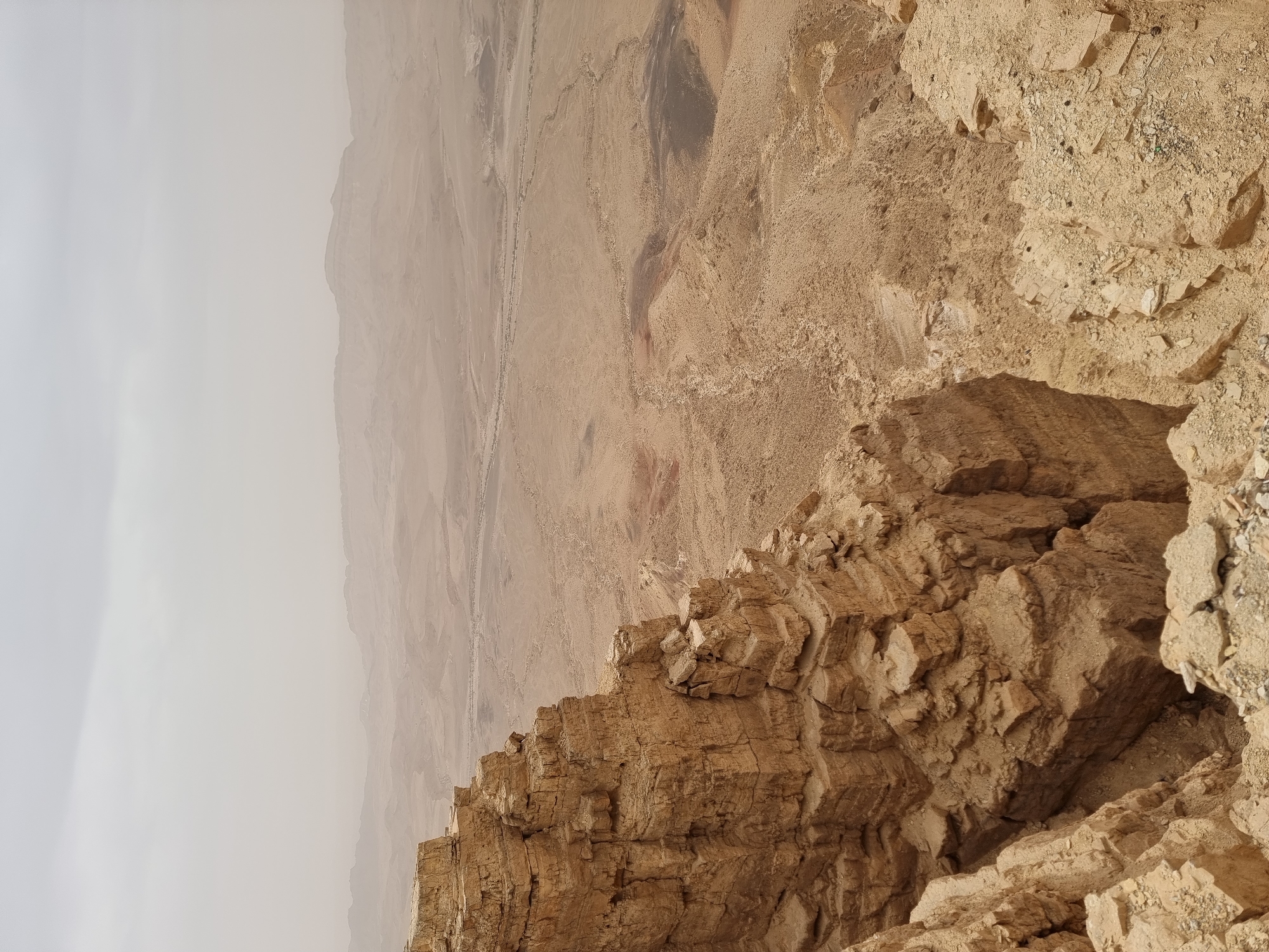The image shows a rocky cliff overlooking a desert landscape. The cliff is composed of layered, light-brown rock with visible fractures and crevices. In the background, a vast desert expanse stretches out, partially obscured by haze or dust. The landscape appears barren, with varying shades of brown and tan. The scene is likely taken at or near Mitzpe Ramon, Israel, due to the region's distinctive desert geography. There are no people or other distinct subjects visible in the image.