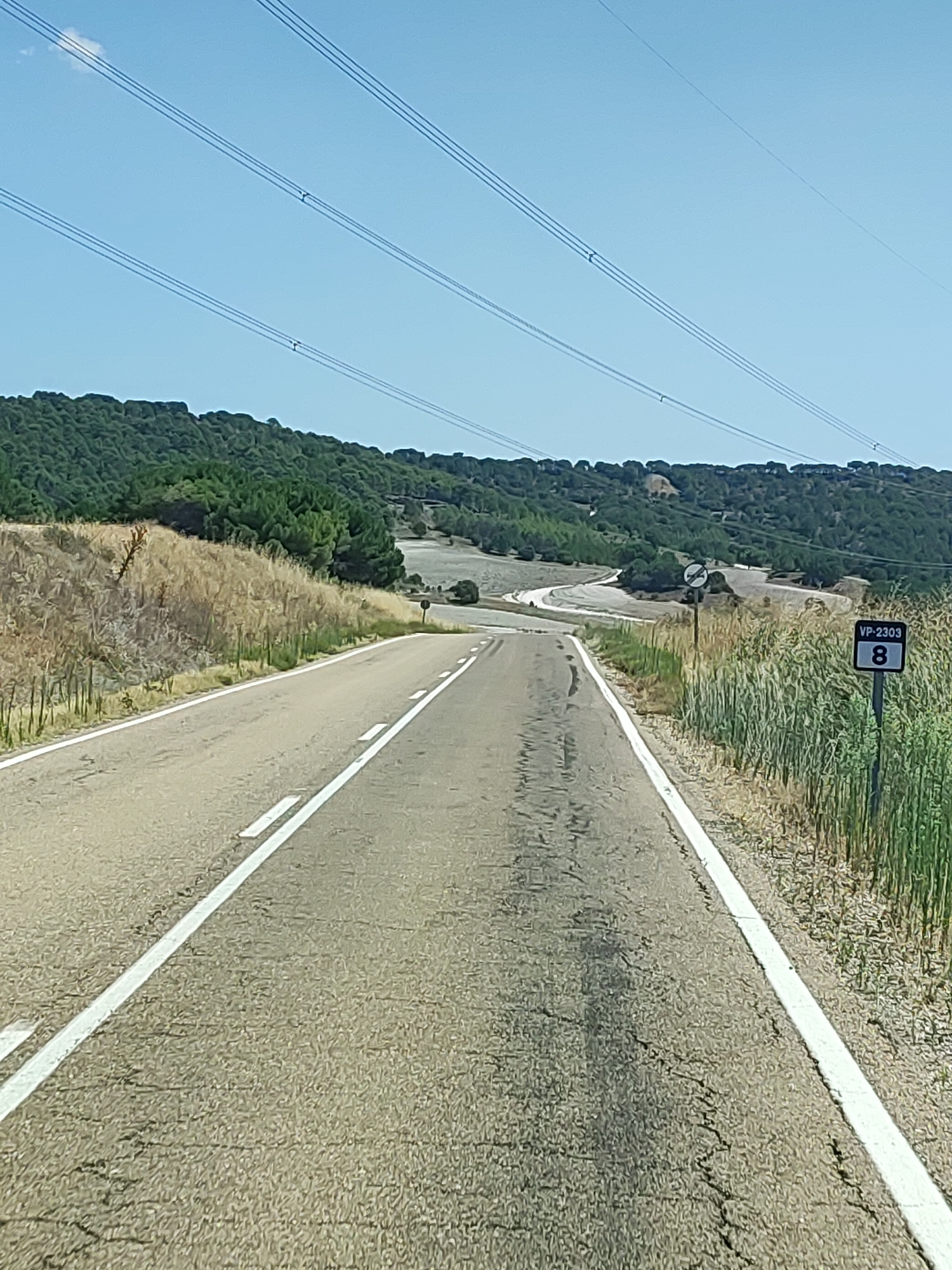 The image depicts a rural road winding through a landscape in Santibáñez de Valcorba, Spain. The road is asphalted and marked with white lines. On the right side of the road, there is a signpost with "VP-2303 8" printed on it. The surrounding environment is characterized by dry vegetation, tall grass, and a forested hillside in the background. A clear blue sky with a few wispy clouds is visible above. Power lines stretch across the sky, supported by poles that are not clearly visible in the frame. The scene appears to be captured during daylight.