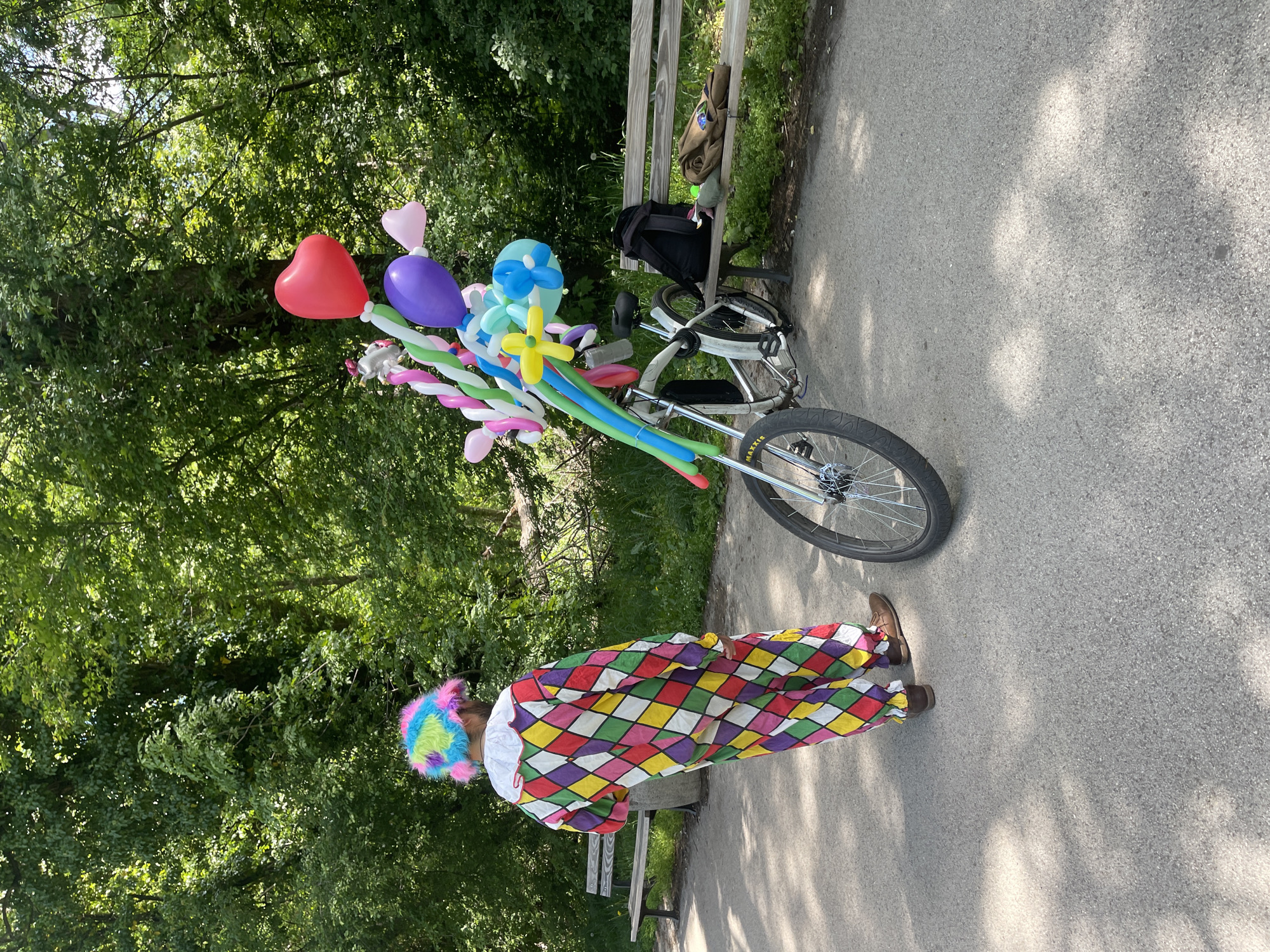 A clown in a harlequin outfit and a colorful wig stands in an outdoor setting with a unicycle adorned with balloons. The unicycle is parked next to a wooden bench with a backpack on it. A path is visible beneath the clown and unicycle, bordered by foliage and trees. The image appears to be taken in a park-like setting, but information to determine the exact location in Sofia, Bulgaria is missing.