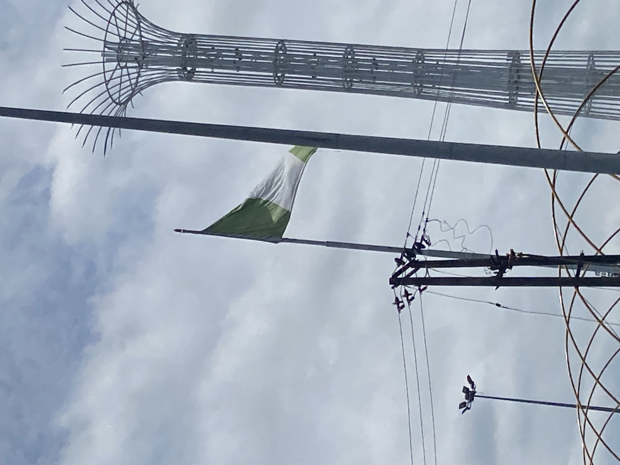 The image shows the Nigerian flag waving in the wind, next to an electrical utility pole, and the Millennium Park tower in Calabar, Nigeria. The sky is cloudy. The photograph appears to have been taken from a low angle, looking up.