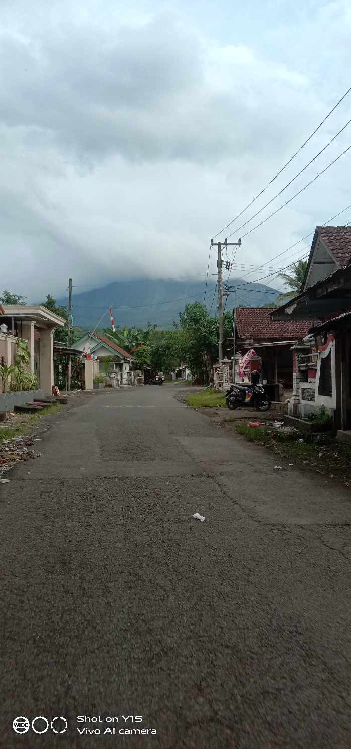 The image depicts a residential street in Pesawahan, Indonesia, on an overcast day. A paved, dark grey asphalt road extends from the foreground towards a distant mountain range obscured by thick, light grey clouds. On the left side of the road, a two-story building with a light-colored facade features a prominent beige pillar structure in the foreground. Further down on the left, an Indonesian flag (red and white) is visible on a pole in front of another house. On the right side of the road, a black scooter with a helmet on its seat is parked beside a building with a reddish-brown tiled roof and decorative stone elements. A wooden utility pole with multiple overhead electrical wires stands prominently on the right, midway down the street. Additional residential structures, characterized by various roof types and building materials, line both sides of the road. Green vegetation, including trees and bushes, is scattered throughout the scene, particularly dense in the background near the base of the mountain. Two smaller vehicles, likely motorcycles, are visible further down the road in the distance. Minor litter, including a white crumpled object, is present on the road surface in the foreground. No individuals are visible.