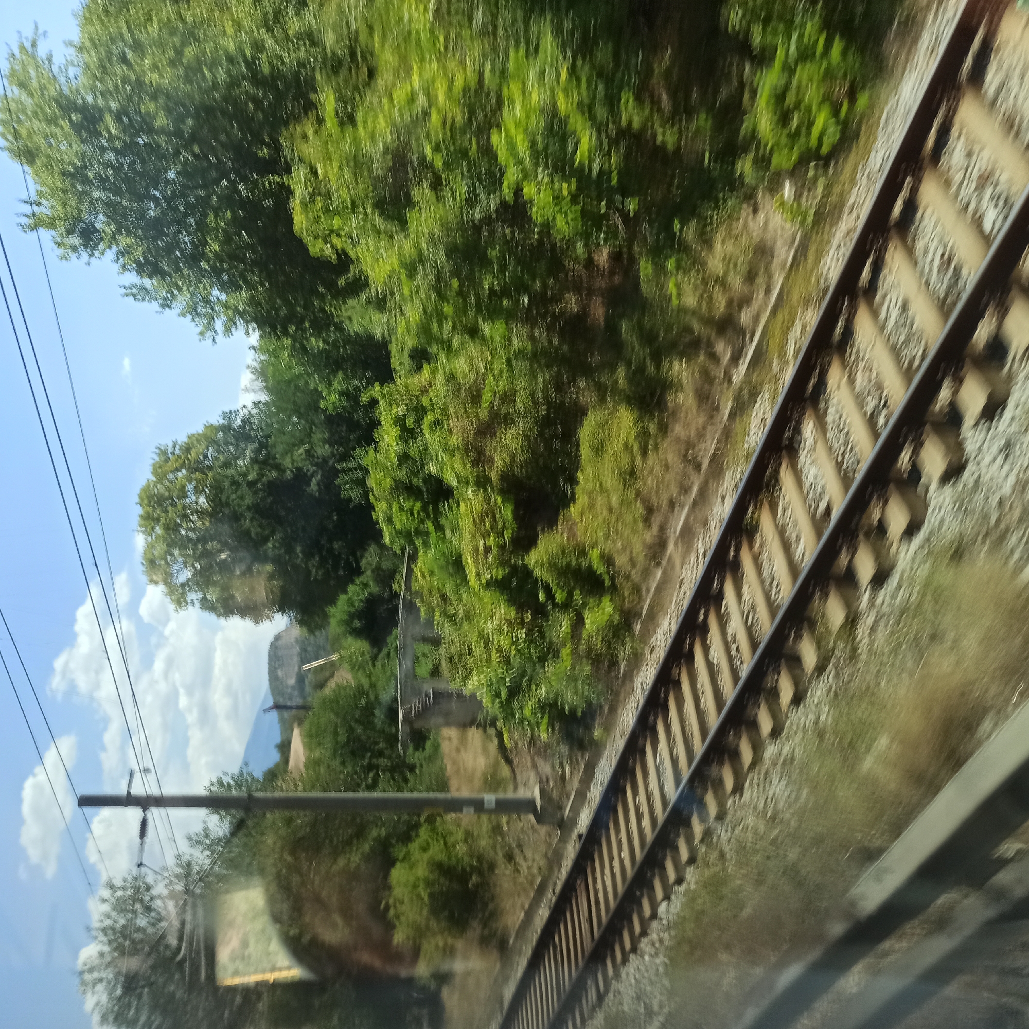 The image captures a view from a moving train on a sunny day, showcasing a railway track in the foreground that recedes into the distance. Alongside the track, lush green trees and vegetation dominate the landscape. In the middle ground, there appears to be a partially ruined stone structure, possibly an old bridge abutment or part of a building, surrounded by dense foliage. A solitary utility pole with overhead wires stands near the track. The sky above is blue with scattered white clouds. The blurry motion suggests the photograph was taken from a moving vehicle. The location is identified as Kresna, Bulgaria, hinting at a scenic, possibly mountainous or hilly, area known for its natural beauty and railway infrastructure.