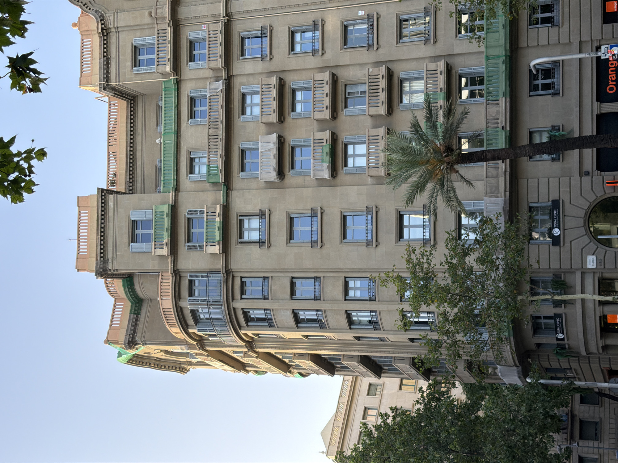 The image captures an exterior view of a multi-story building in Barcelona, Spain, showcasing its architectural features. The building has a neutral-colored facade with numerous windows, many of which have light blue shutters. Balconies with railings are present on several floors, some adorned with protective green netting. A palm tree stands prominently in the foreground, partially obscuring the lower levels of the building. The scene is set against a clear sky with some leaves from trees visible at the top of the frame. Signs for "TORAL CLINIC" and "Orange" are visible on the lower floors, indicating commercial establishments. The overall impression is one of an urban setting with a blend of residential and commercial spaces.