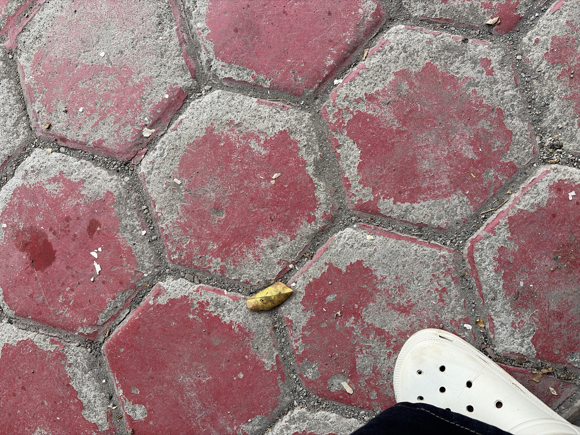 The image shows a close-up, overhead view of a red, hexagonal paver walkway. The red color is worn and chipped, revealing the gray concrete underneath. Small pebbles and debris fill the gaps between the pavers. A single dried yellow leaf lies on one of the pavers. In the lower left corner, a portion of a white Croc-style sandal and dark fabric from trousers are visible. The scene is consistent with a sidewalk or pedestrian area in Pekalongan, Indonesia.