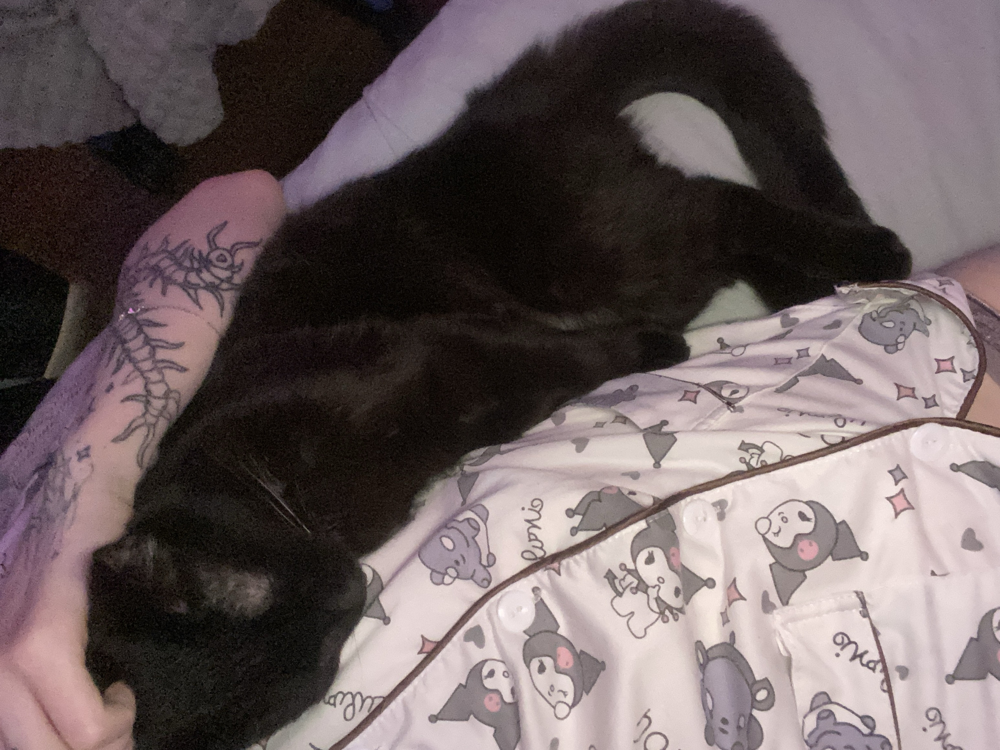 A black cat is depicted lying on its left side, positioned on a human subject who is partially visible. The cat's head rests near the human's upper body, and a light-skinned human hand with visible tattoos gently touches the cat's head. The cat appears to be in a relaxed state. The human subject is wearing light-colored pajamas adorned with repeating cartoon characters featuring grey and white figures with pink accents, and smaller grey, blob-like characters, all outlined with brown piping and secured with white buttons. A white pillow or soft surface is visible to the right of the cat's tail. The background consists of dimly lit, indistinct soft furnishings. The specific location within the city of Izhevsk, Russia, cannot be determined from the visual information provided.