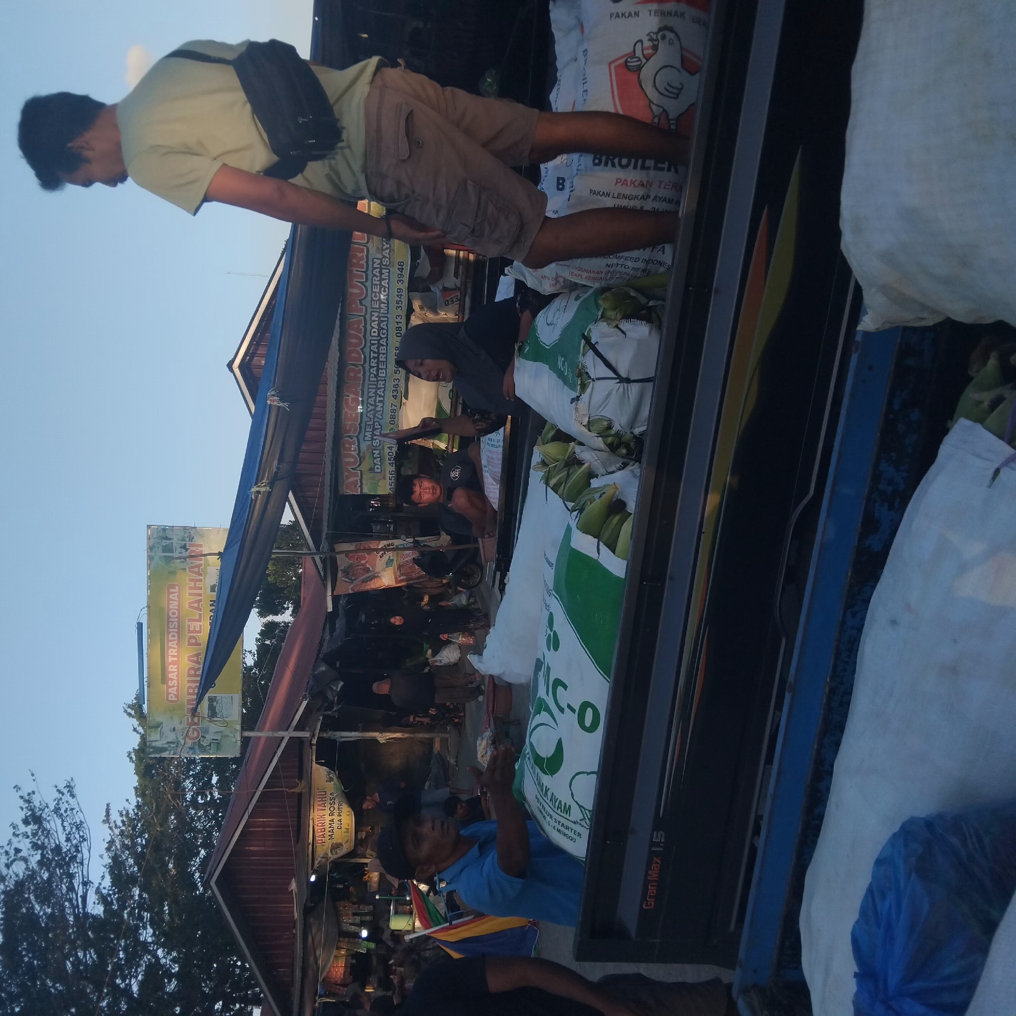 The image depicts an outdoor scene at a traditional market in Pelaihari, Indonesia. In the foreground, the bed of a pickup truck is filled with large white sacks, some of which are emblazoned with green lettering that appears to say "C-O". There are also bundles of corn visible in some of the sacks. A man wearing a blue shirt and a black baseball cap is standing in the truck, gesturing with his right hand and speaking to someone off-camera. Another person, a woman wearing a headscarf, is seated in the truck behind the sacks, looking towards the right.
In the background, there are several market stalls with corrugated metal roofs. Above the stalls, a large yellow sign with Indonesian text reads "PASAR TRADISIONAL GEMBIRA PELAIHARI". Another sign, also with Indonesian text, is partially visible on a stall and appears to advertise "PABRIK TAHU MAMA ROSSA DUA PUTRI". Further in the background, trees and a clear blue sky with a few wispy clouds are visible. The lighting suggests it is either early morning or late afternoon. Several other people are present in the background, engaged in various activities within the market. The overall scene conveys a bustling market environment with goods being transported.