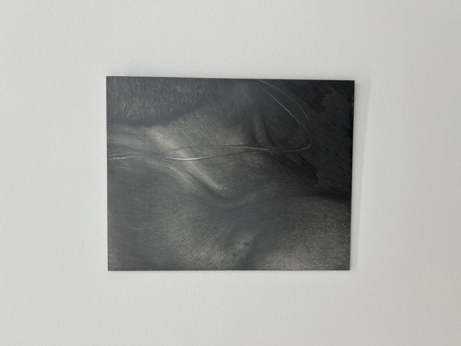 A square, dark gray canvas hangs on a white wall. The artwork features abstract, smooth gradations, resembling contours of a body or landscape. Two thin, silver lines run horizontally across the canvas. The texture seems brushed, with subtle strokes visible throughout the image. The overall impression is minimalist and modern.