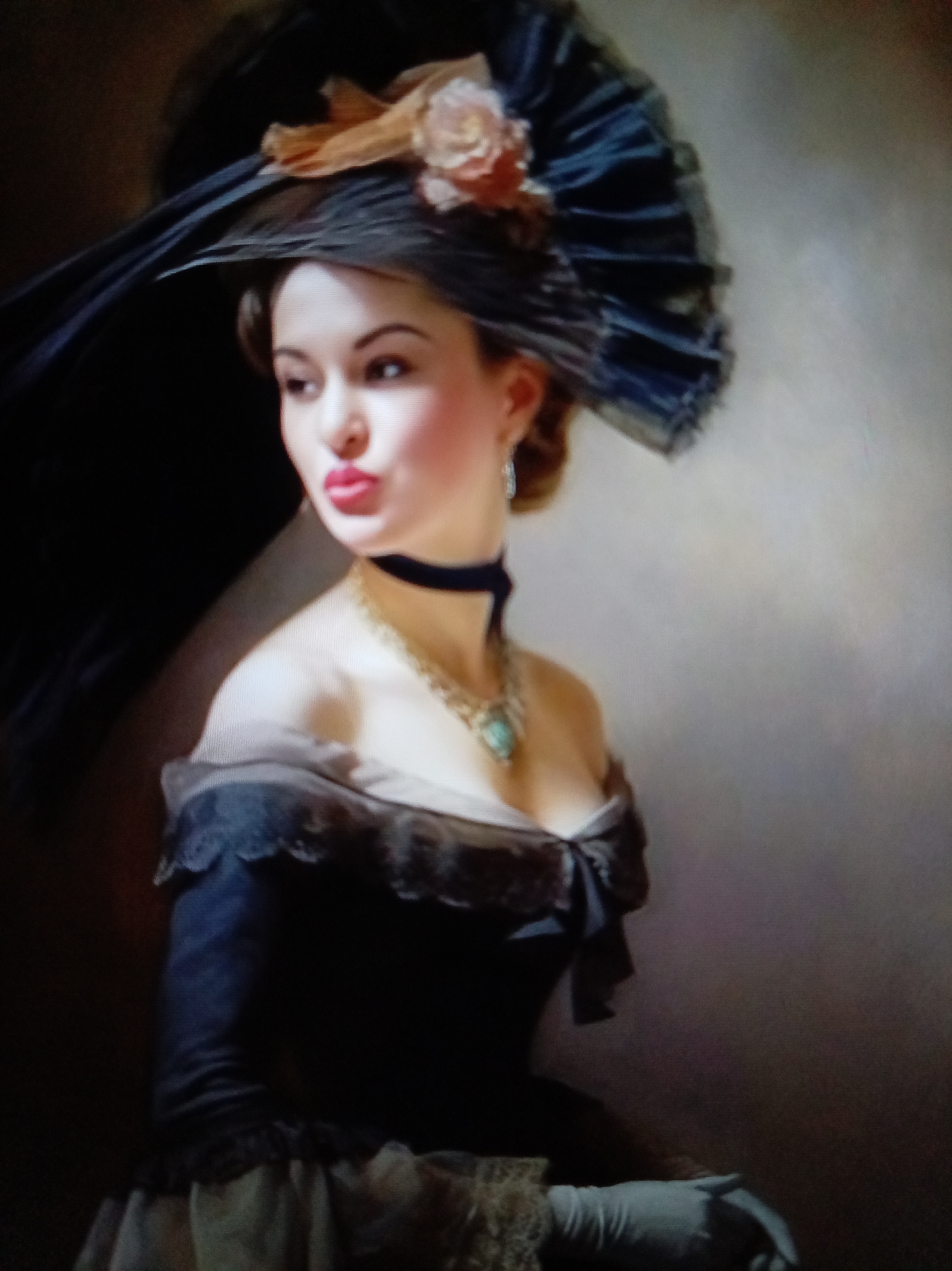 The image is a painting of a woman in period attire. She is wearing a large, dark hat adorned with a light-colored flower and a tan ribbon. The woman has fair skin, dark hair, and is wearing a black choker necklace with a pendant and a gold chain necklace. Her dress is black with off-the-shoulder sleeves and lace trim. She is also wearing light-colored gloves. The background is a muted, neutral tone. There is no indication of a specific location in Yessentuki, Russia.